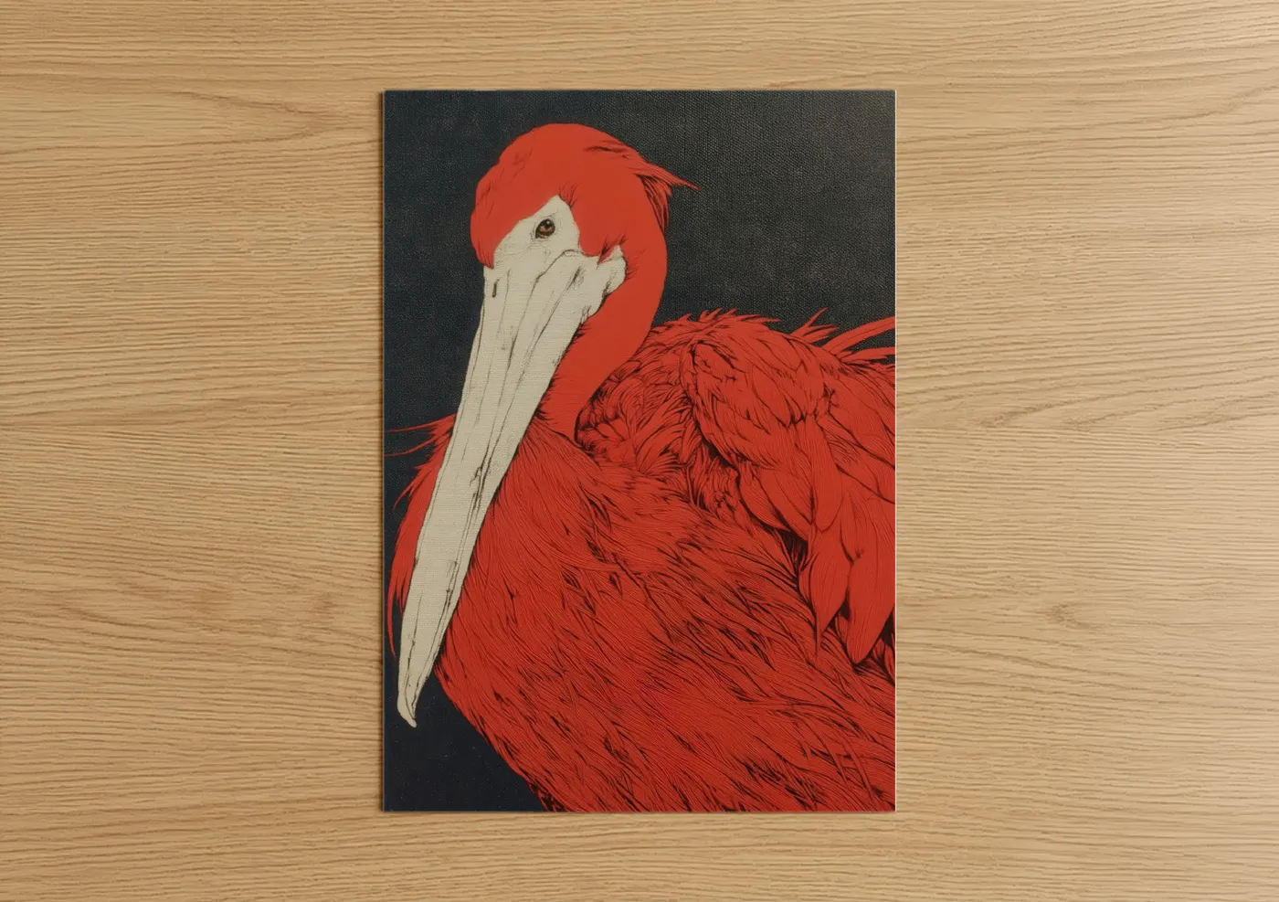 Art print on warm oak wood — red and black and white palette — Crimson Pelican poster