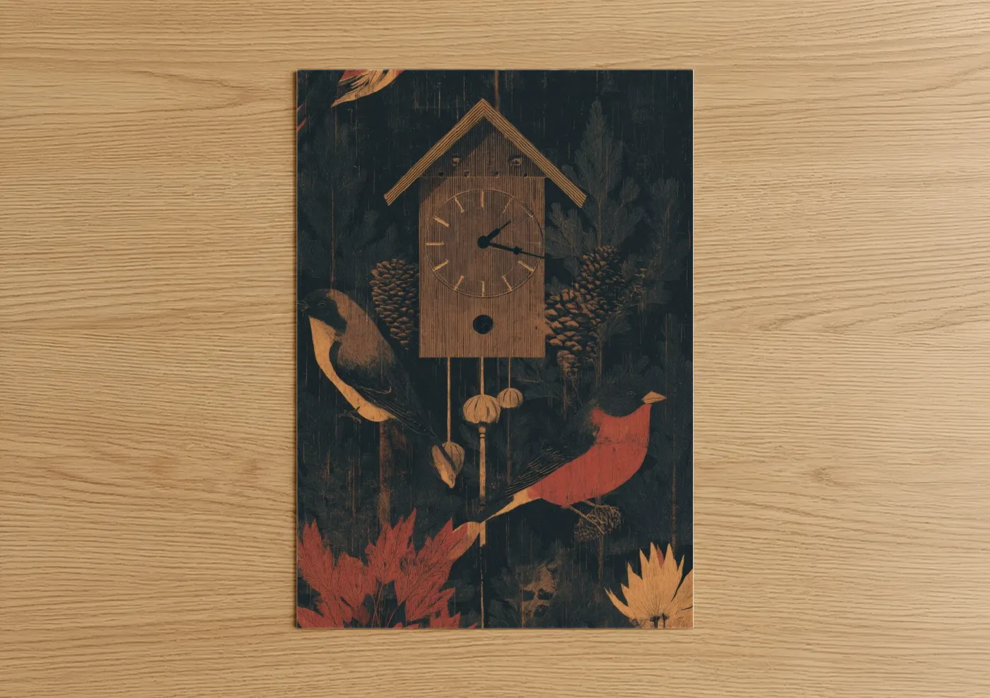 Wooden Cuckoo Clock with Forest Birds Wall Art
