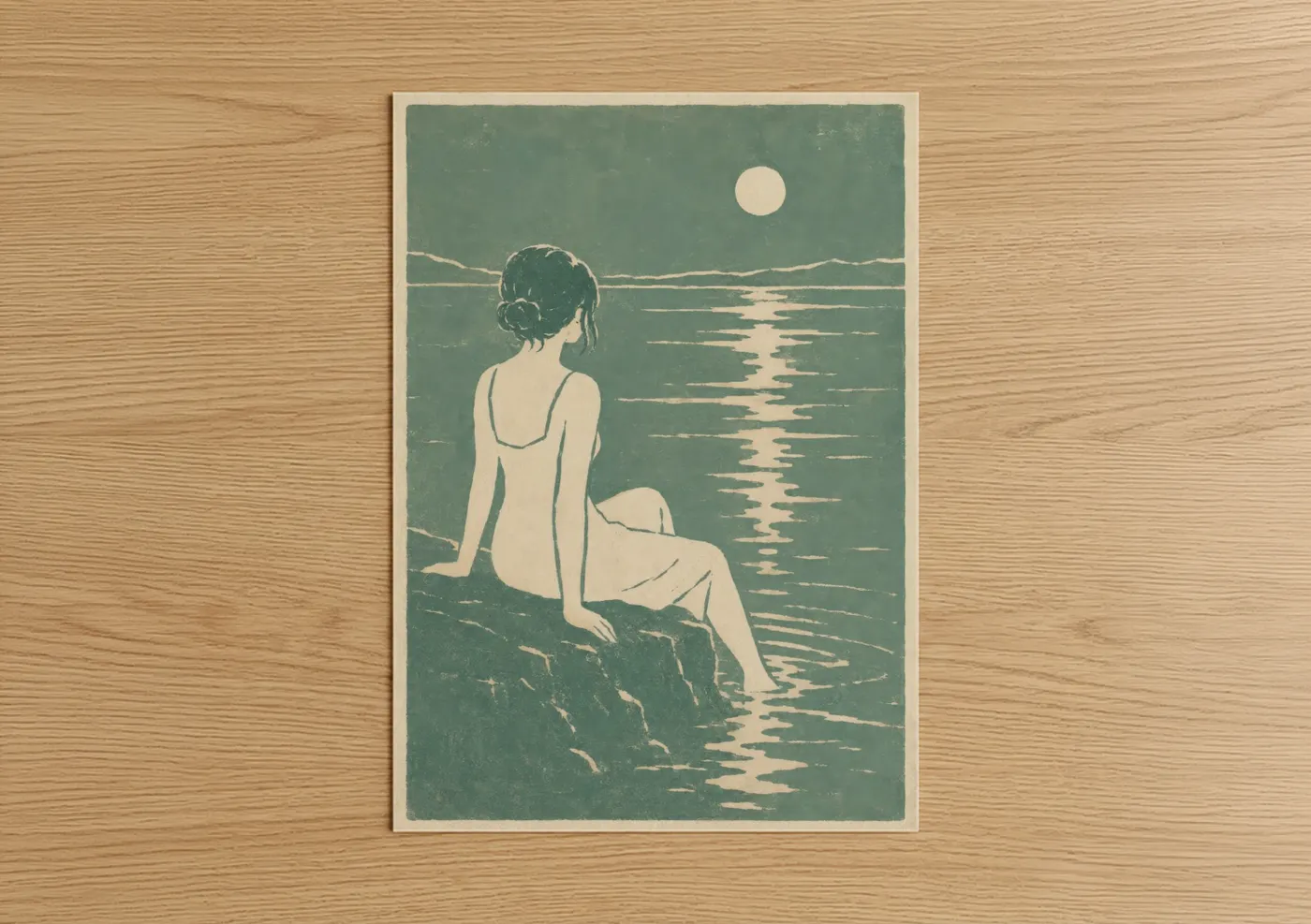 Seascapes and ocean art print on warm oak wood — teal and cream palette — Moonlit Seascape Contemplation Wall Art poster