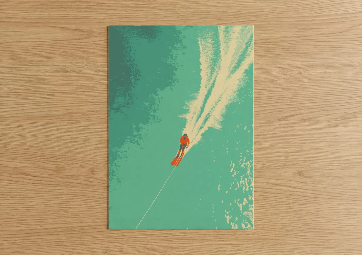 Water skiing art print on warm oak wood — teal and cream palette — Aerial Water Skier poster