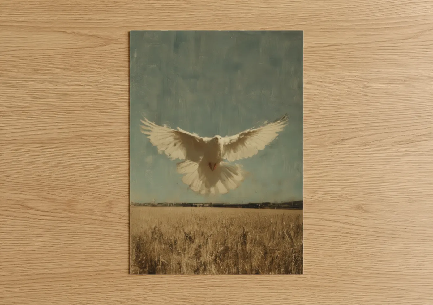 Art print on warm oak wood — sage green and cream palette — Ascending Dove poster
