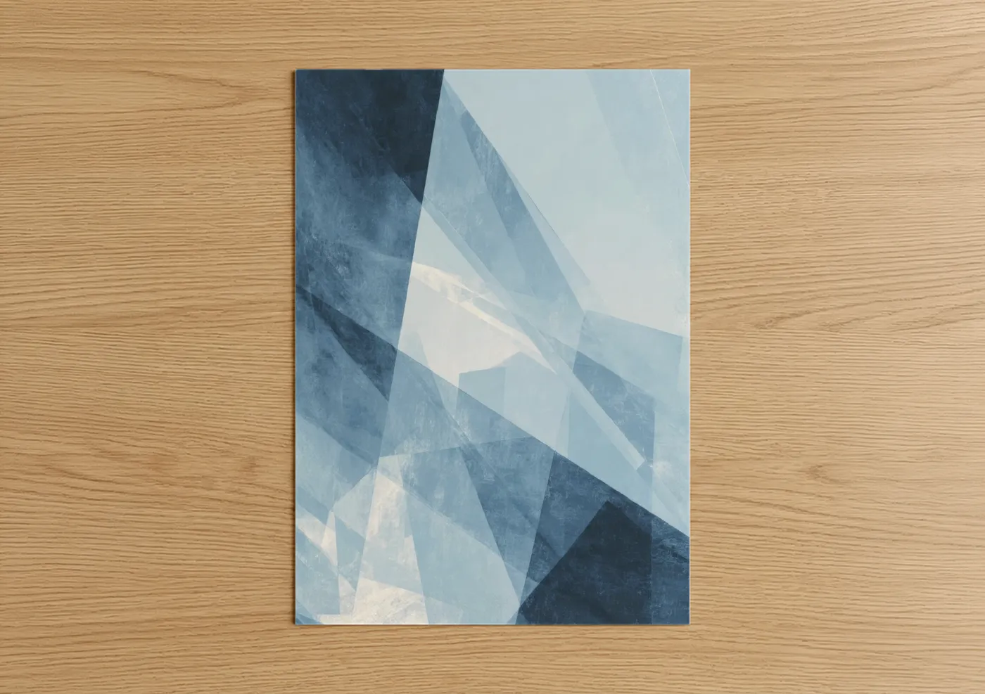 Abstract geometric art print on warm oak wood — blue and white palette — Ethereal Layers poster