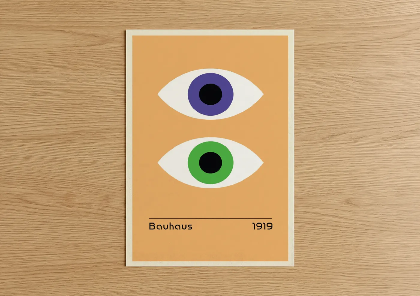 Abstract geometric art print on warm oak wood — gold and black and white palette — Bauhaus Eyes poster