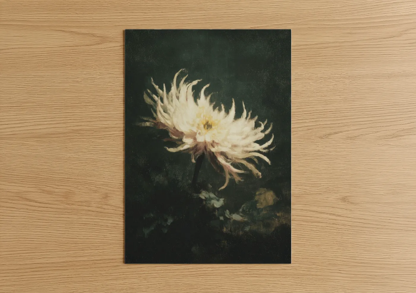 Sea anemone art print on warm oak wood — white and dark green palette — Ethereal Anemone poster