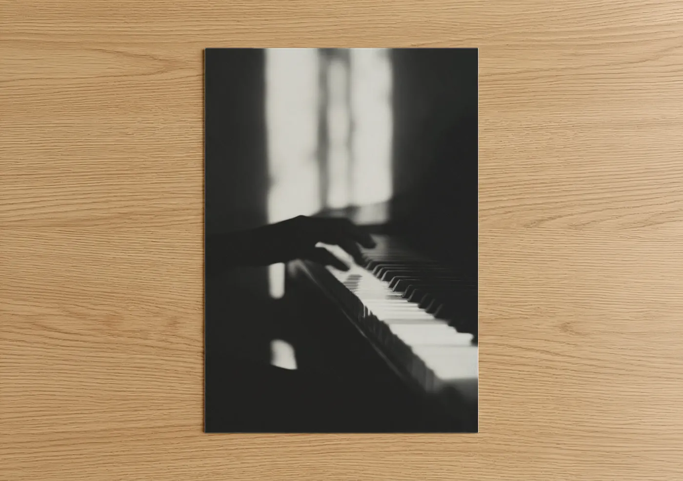 Classical art print on warm oak wood — black and white and gray palette — Window Pianist poster