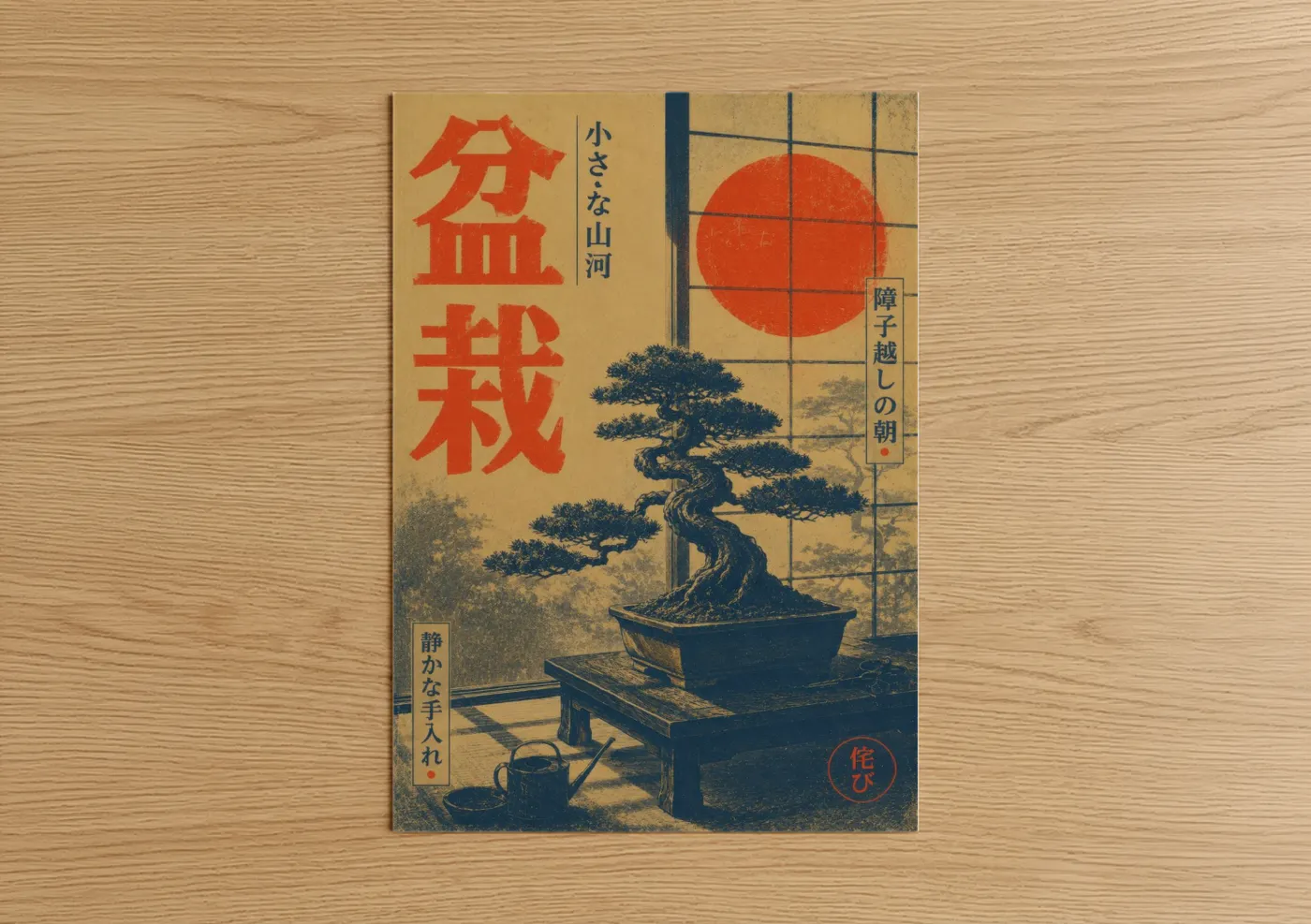 Bonsai tree art print on warm oak wood — orange and beige palette — Japanese Bonsai Sunrise Wall Art poster