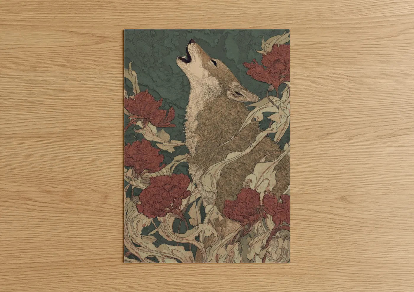 Howling Coyote Floral Woodblock Wall Art