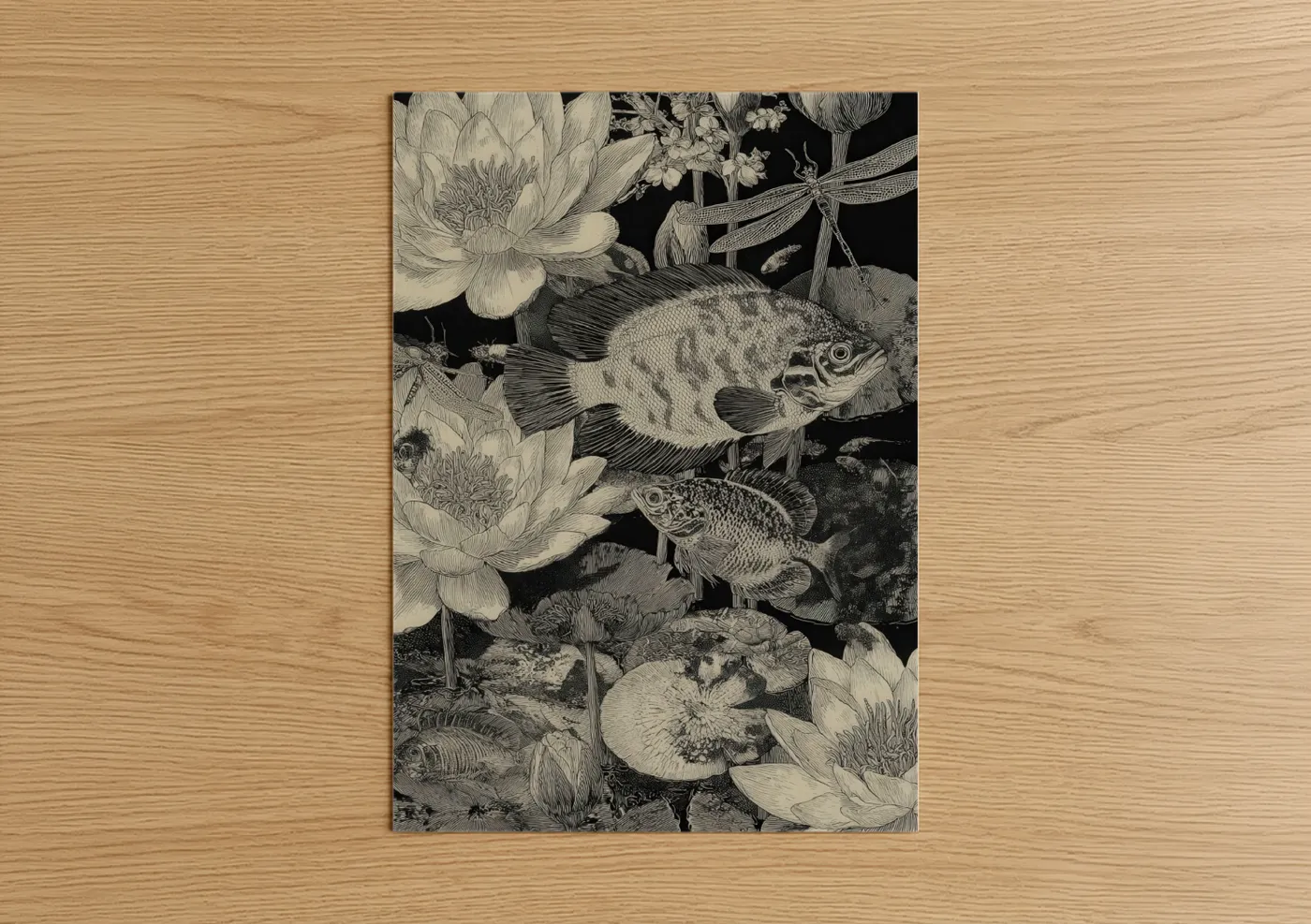 Discus fish art print on warm oak wood — black and white palette — Lotus Discus Pair poster