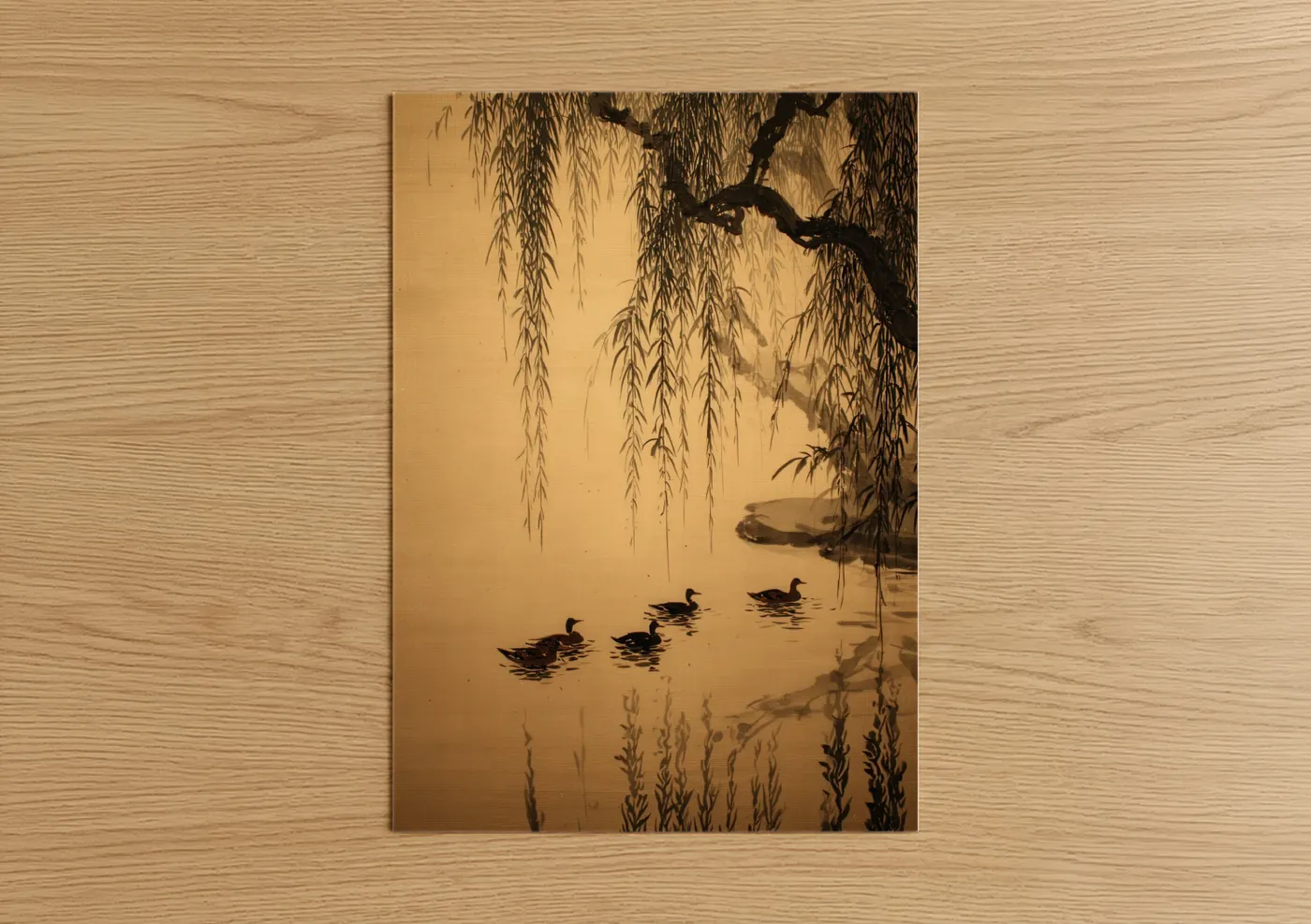 Art print on warm oak wood — gold and black and white palette — Willow Ducks poster