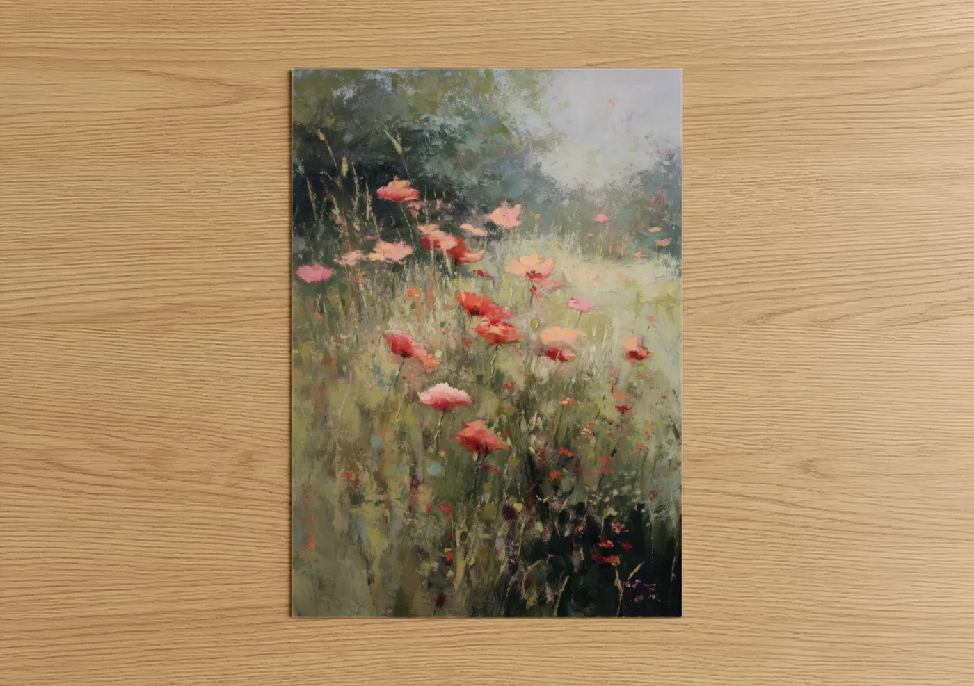 Poppies art print on warm oak wood — red and green palette — Misty Poppy Field poster
