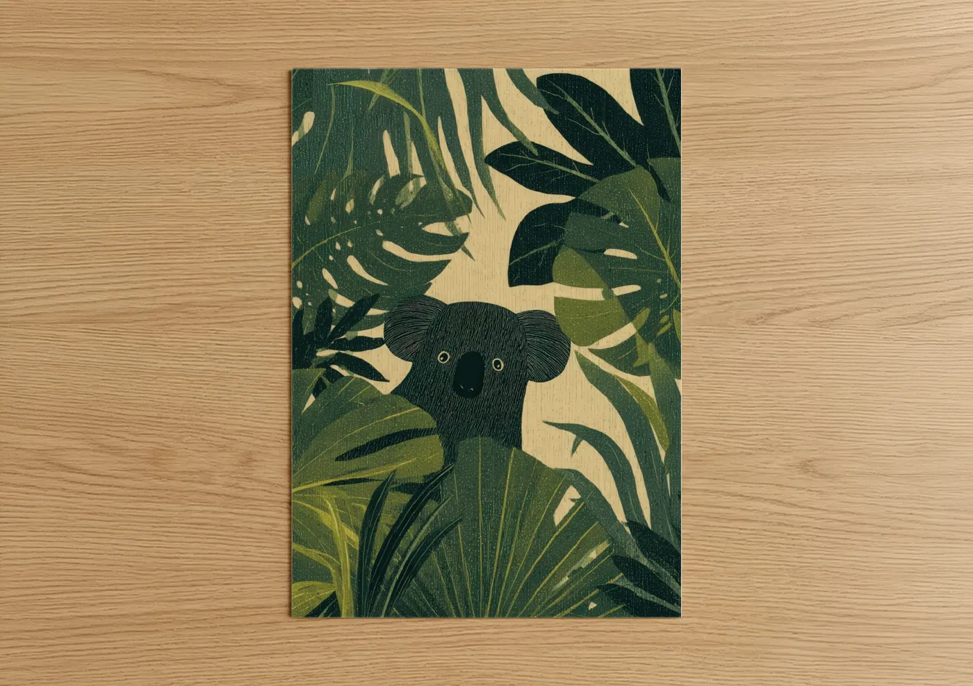 Art print on warm oak wood — dark green and cream palette — Jungle Koala poster