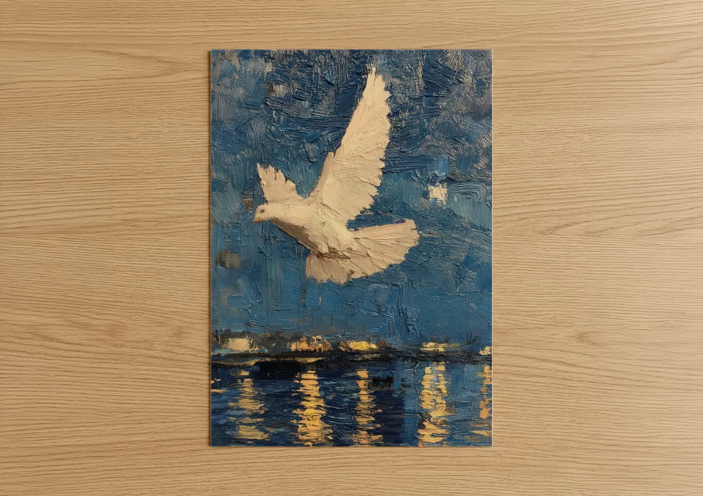 Art print on warm oak wood — blue and gold palette — Peaceful Dove Flight poster