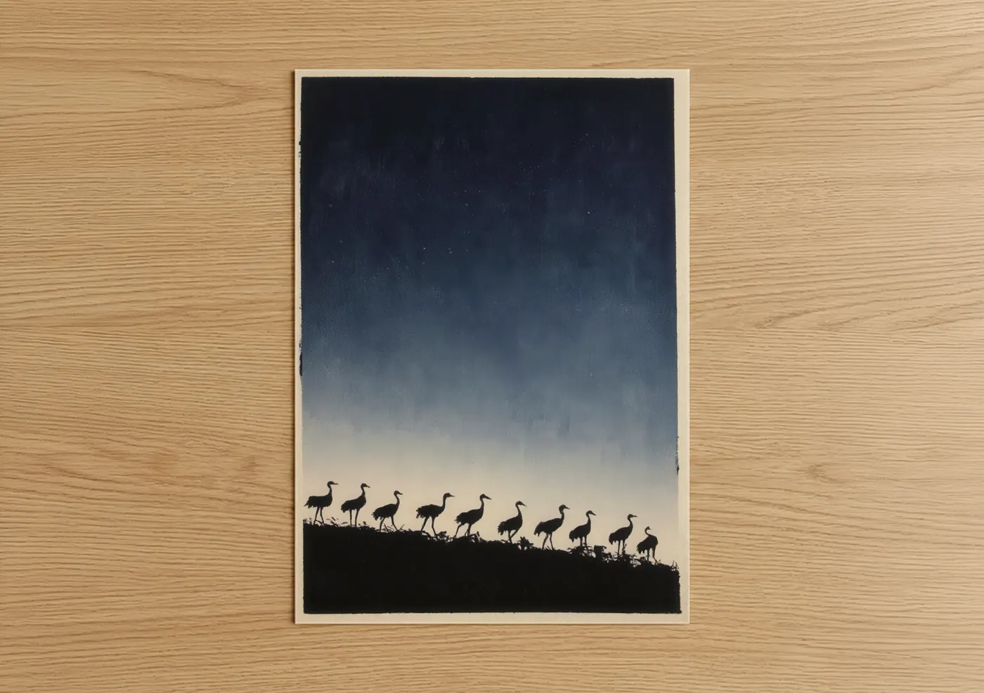 Silhouette Cranes Night Sky Watercolor Wall Art