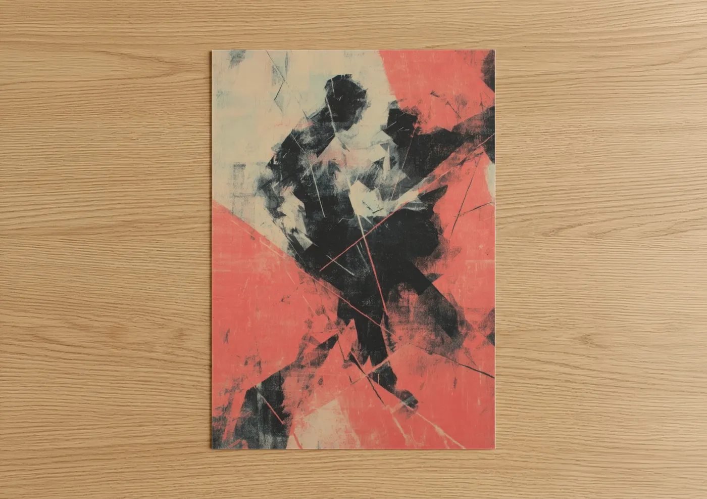 Street dance art print on warm oak wood — red and black and white palette — Urban Motion Dancer poster