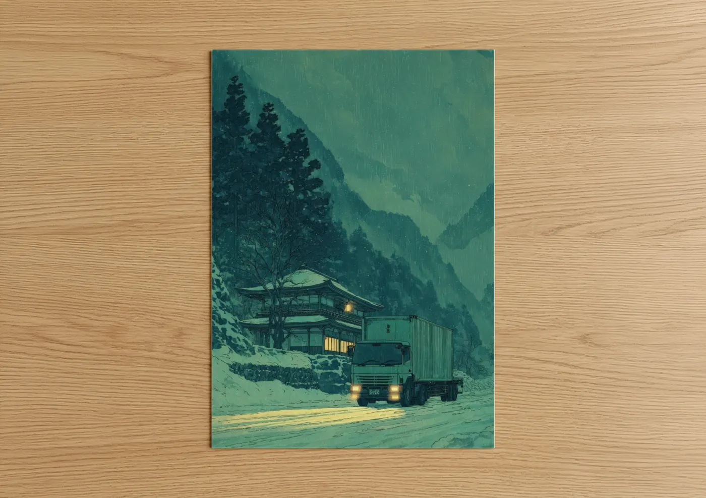 Art print on warm oak wood — teal and dark green palette — Snowy Mountain Truck poster