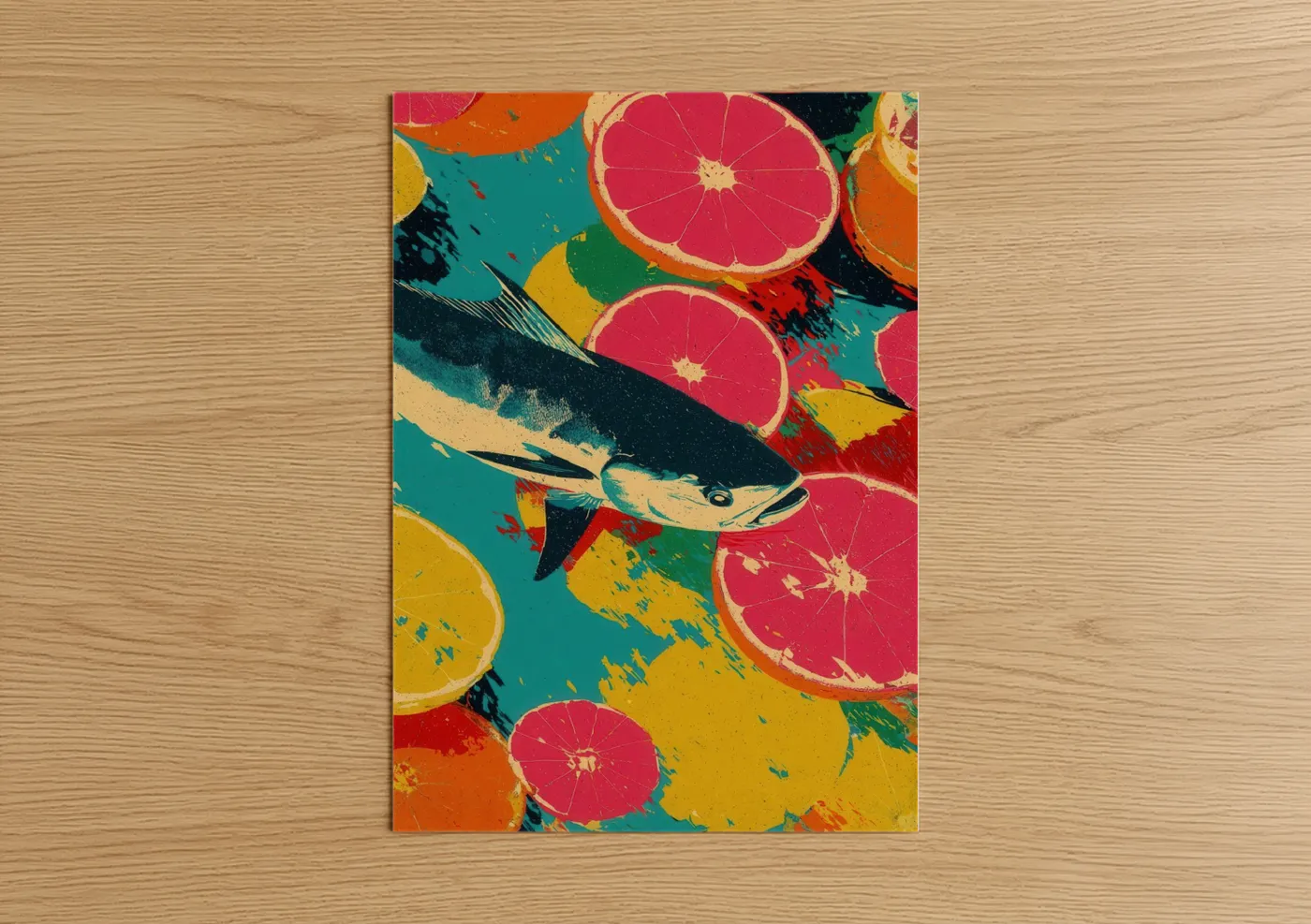 Art print on warm oak wood — magenta and yellow gold palette — Citrus Wahoo poster