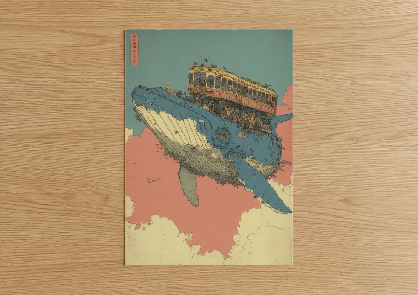 Humpback whale art print on warm oak wood — blue and salmon pink palette — Steampunk Whale poster