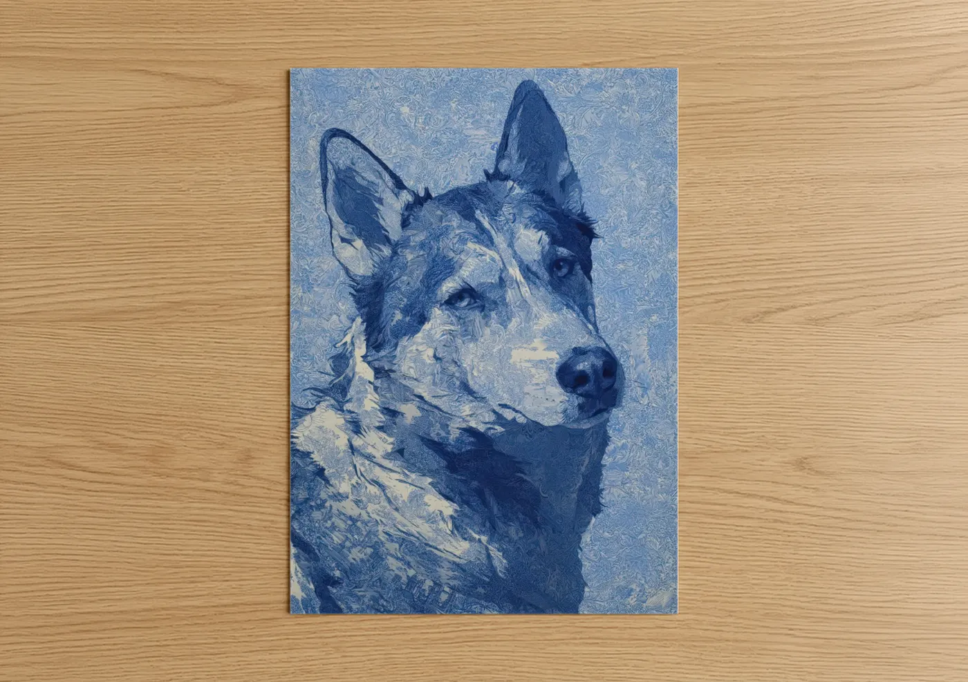 Art print on warm oak wood — blue and white palette — Arctic Husky Portrait poster