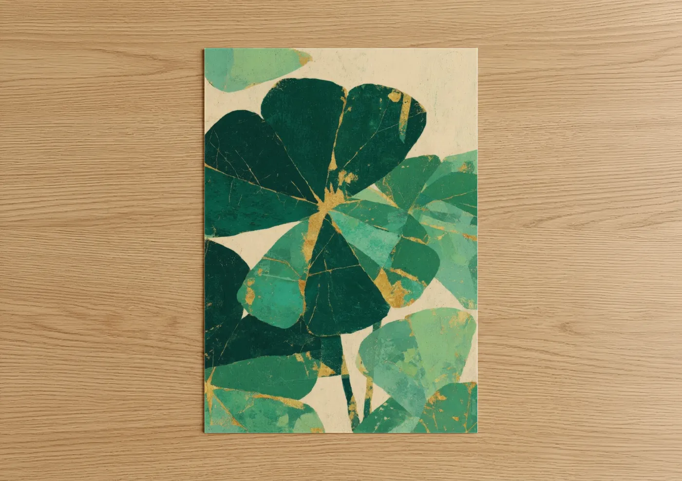St. patrick's day art print on warm oak wood — true green and gold palette — Golden Clover poster