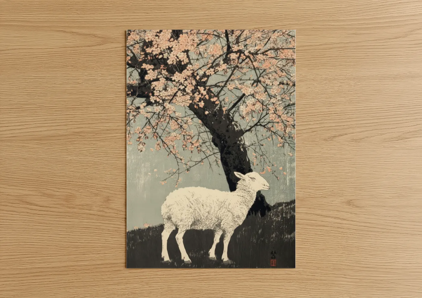 Cherry Blossom Sheep Japanese Art Print Wall Art