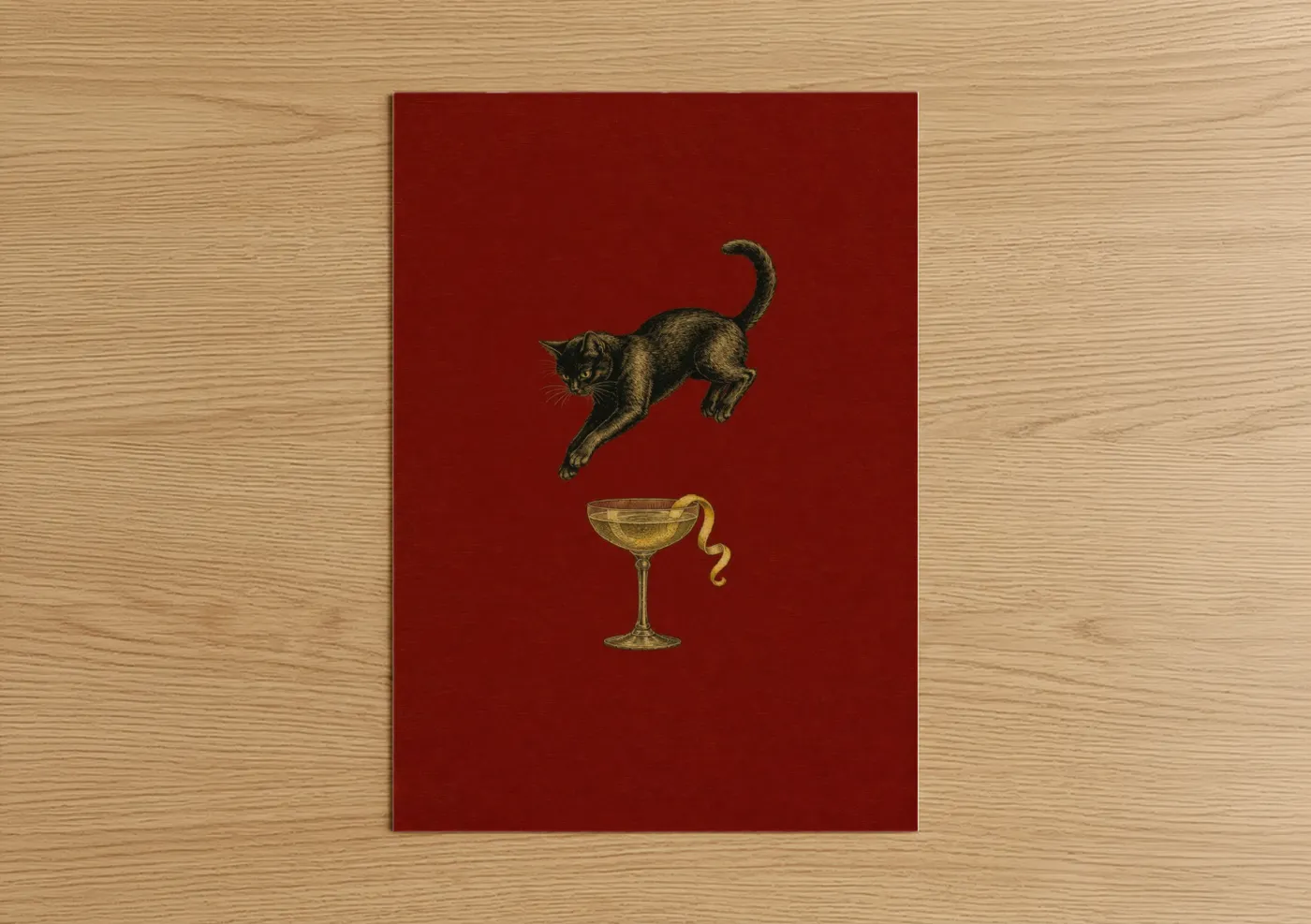 Art print on warm oak wood — red and gold palette — Black Cat Cocktail Wall Art poster