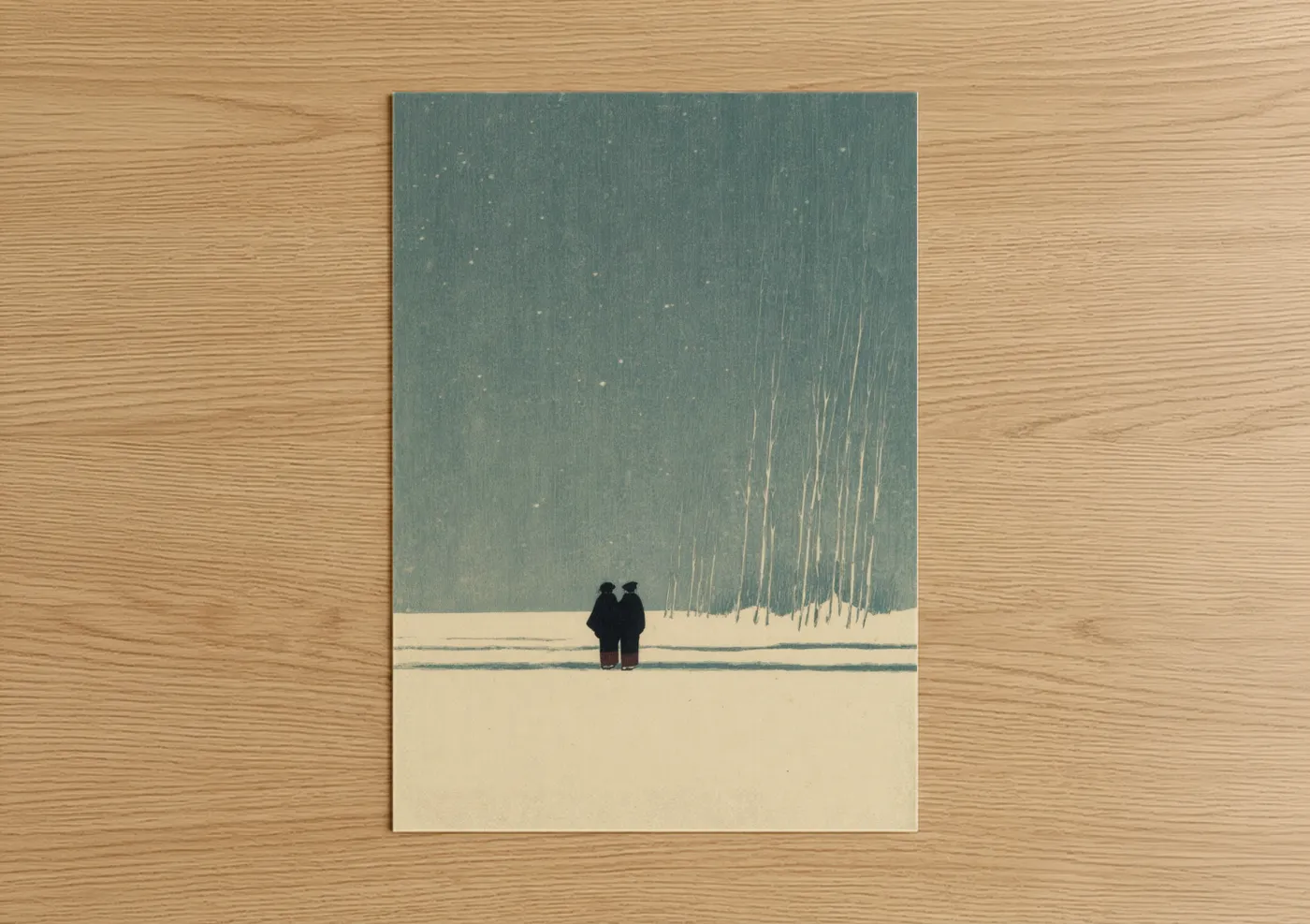 Art print on warm oak wood — blue and white and gray and white palette — Snowy Couple poster