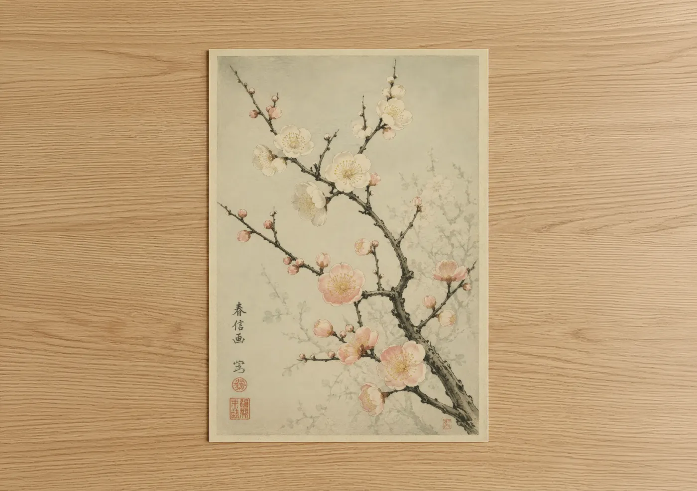 Cherry blossoms art print on warm oak wood — beige and peach palette — Cherry Blossom Branch Japanese Wall Art poster