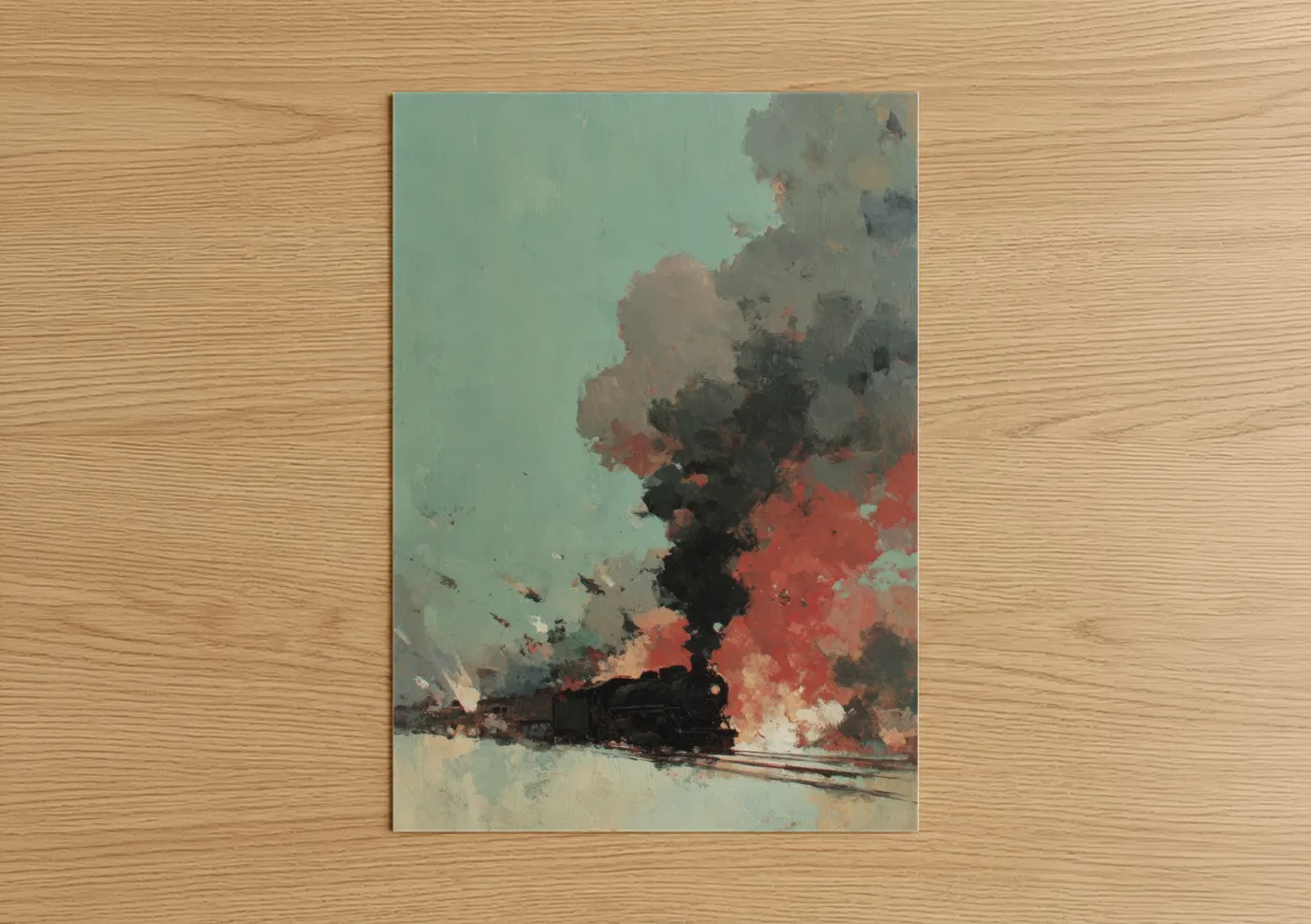Steam Train Dramatic Smoke Red Teal Wall Art