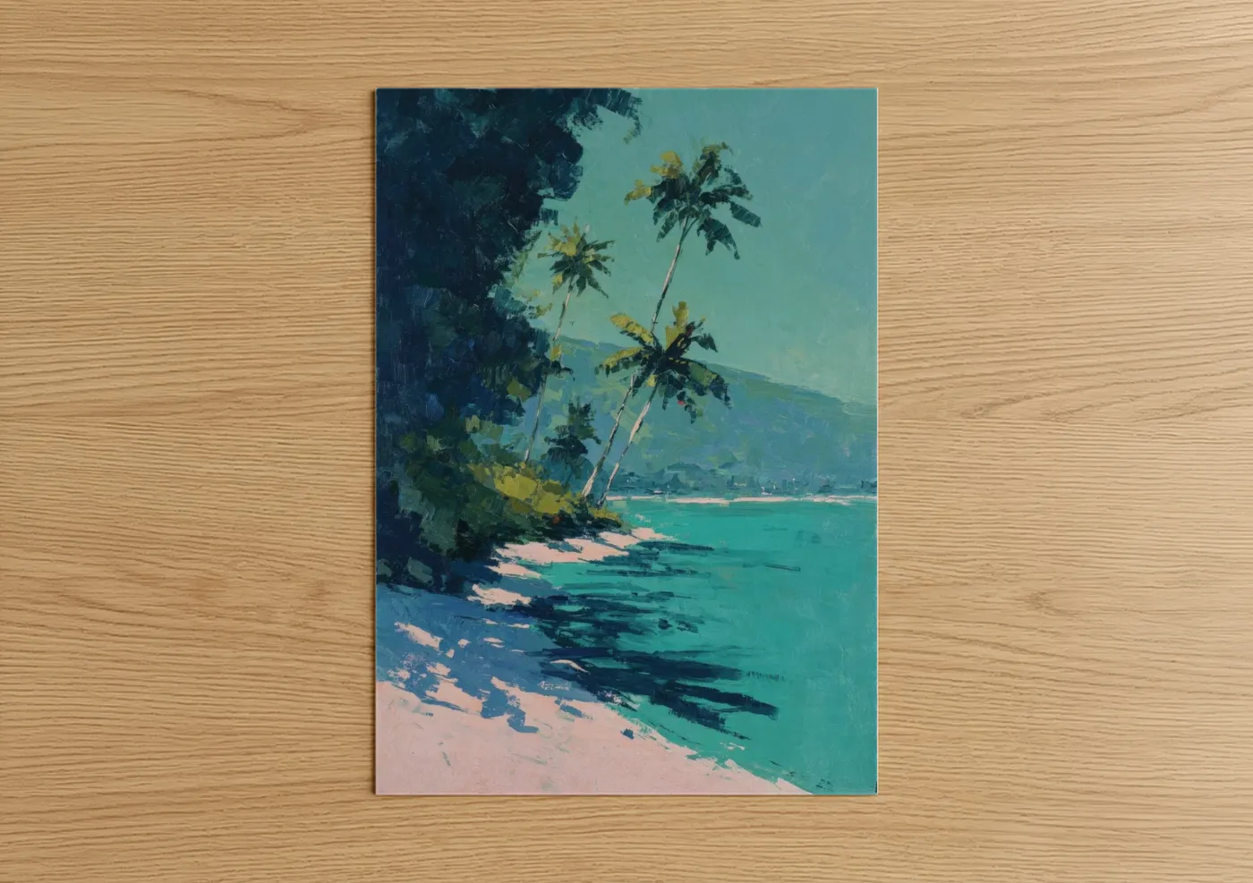 Sandy beach art print on warm oak wood — teal and peach palette — Tropical Shoreline poster