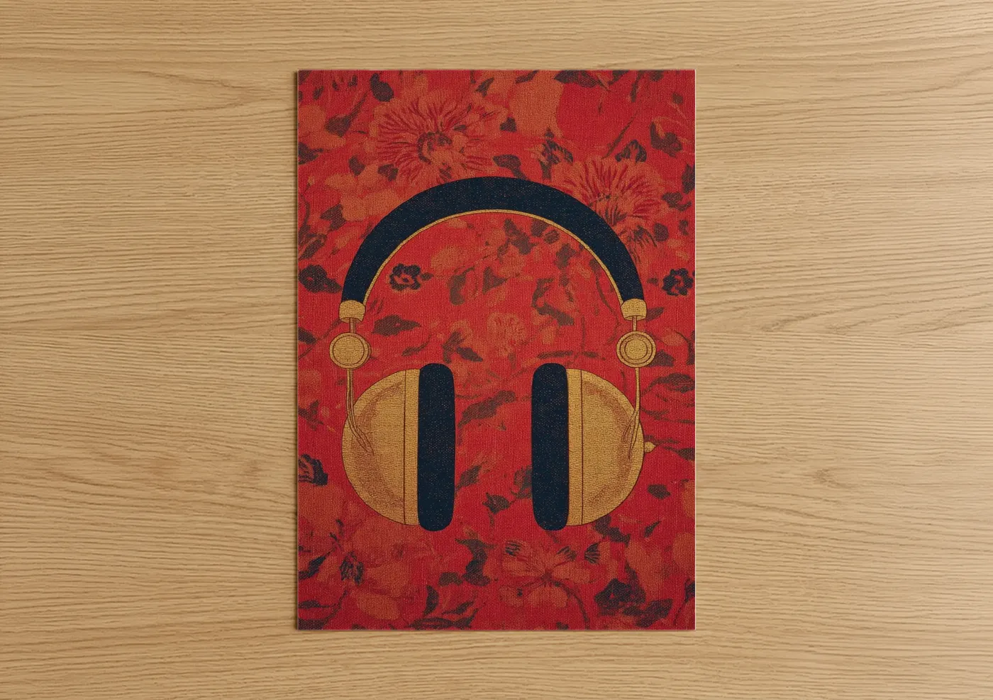 Golden Retro Headphones Art Vintage Wall Art