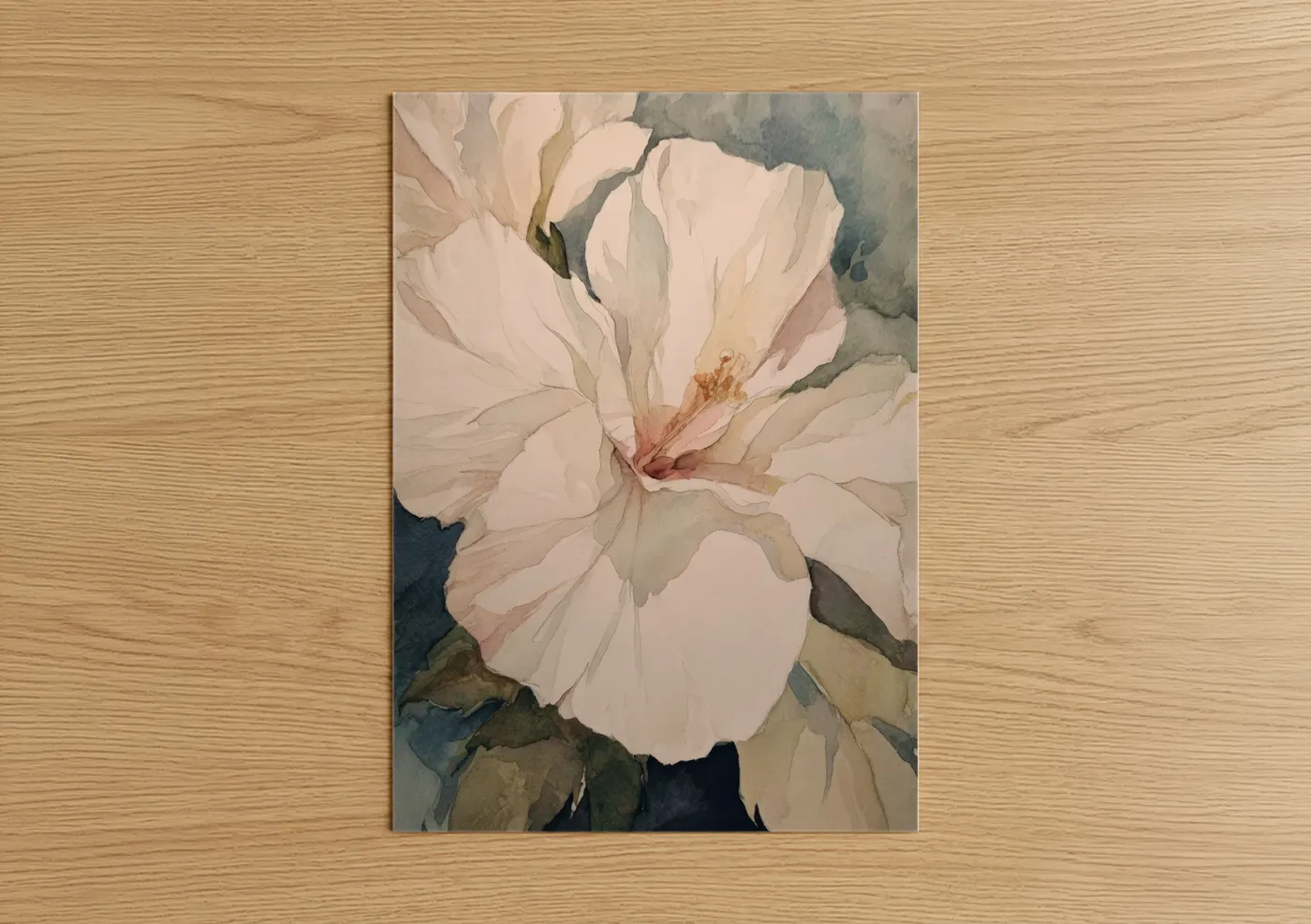 Art print on warm oak wood — cream and sage green palette — Ivory Hibiscus poster