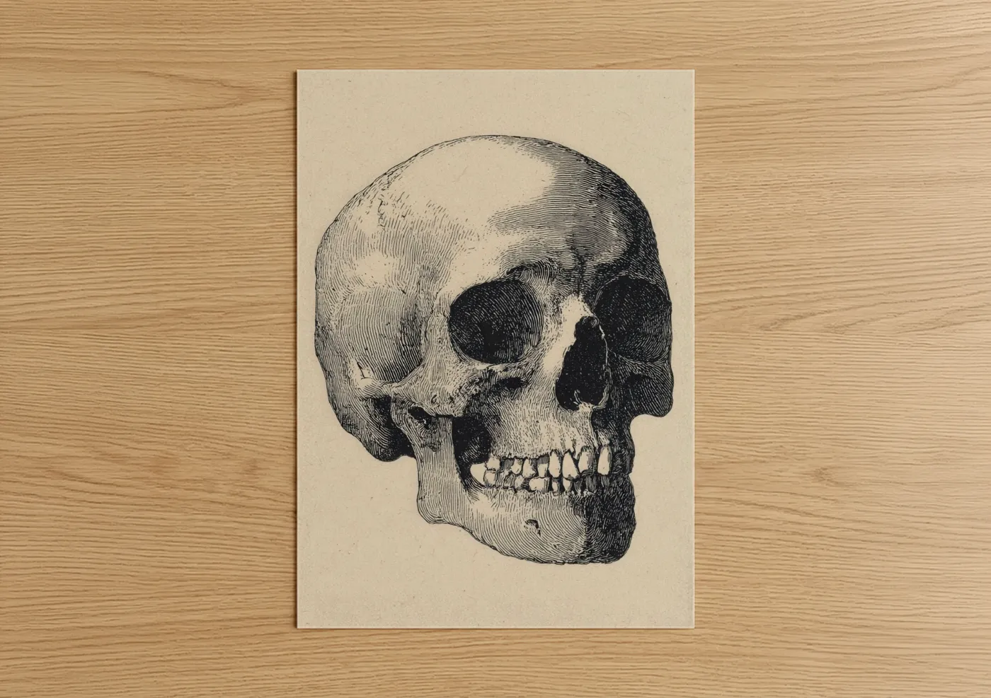 Art print on warm oak wood — black and white and cream palette — Anatomical Skull poster
