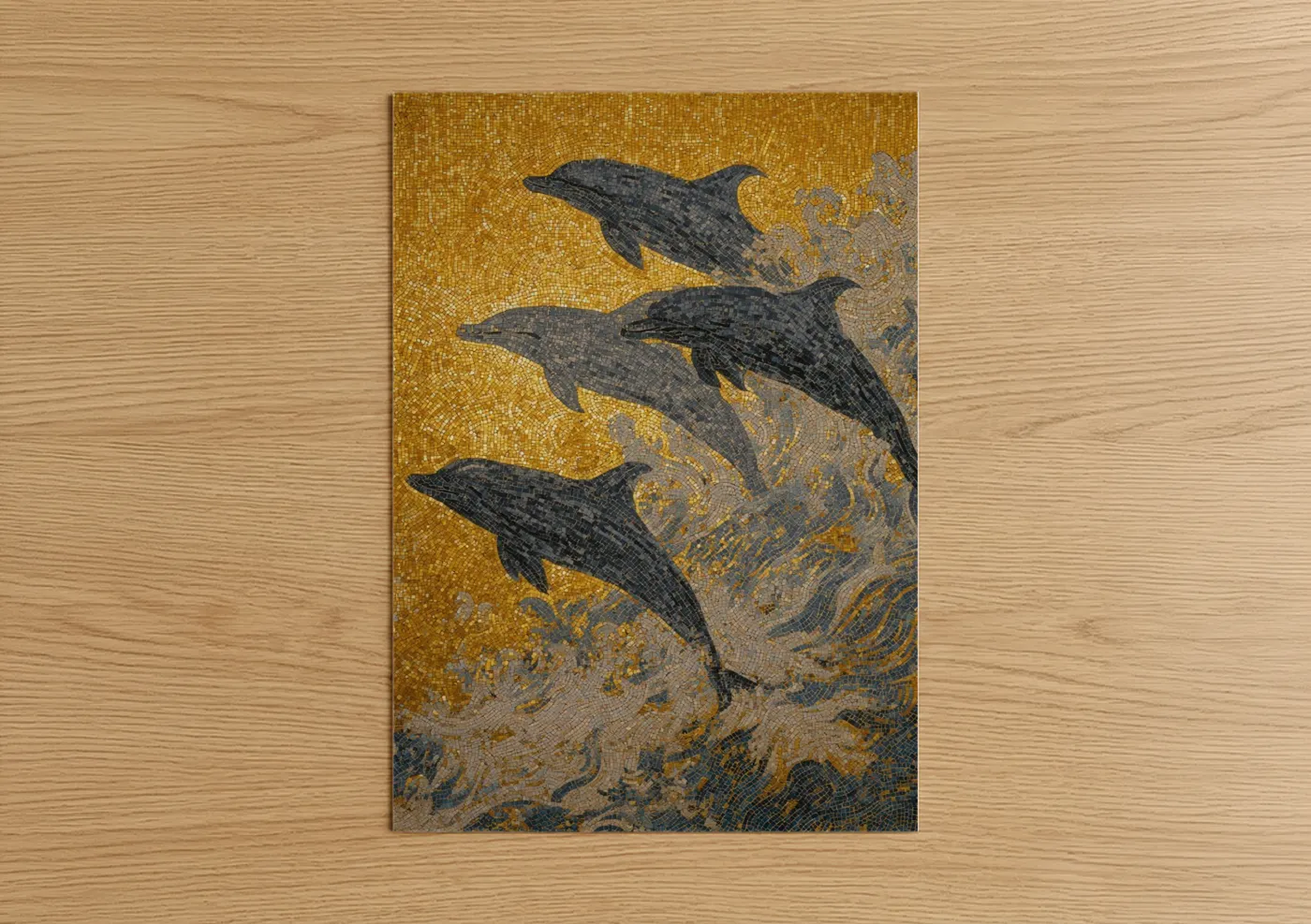 Art print on warm oak wood — gold and black and gold palette — Golden Dolphins Trio poster