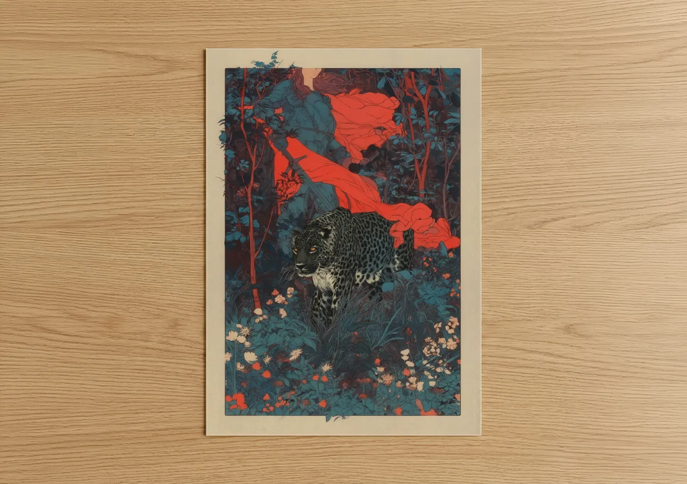 Art print on warm oak wood — red and teal palette — Crimson Leopard poster