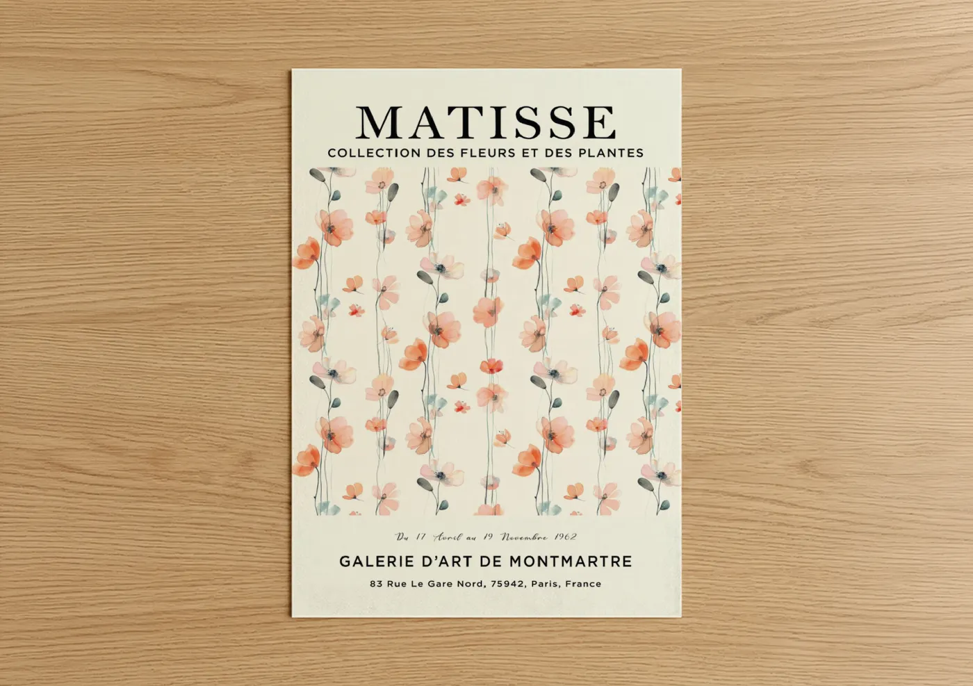 Abstract flower art print on warm oak wood — peach and cream palette — Matisse Floral poster