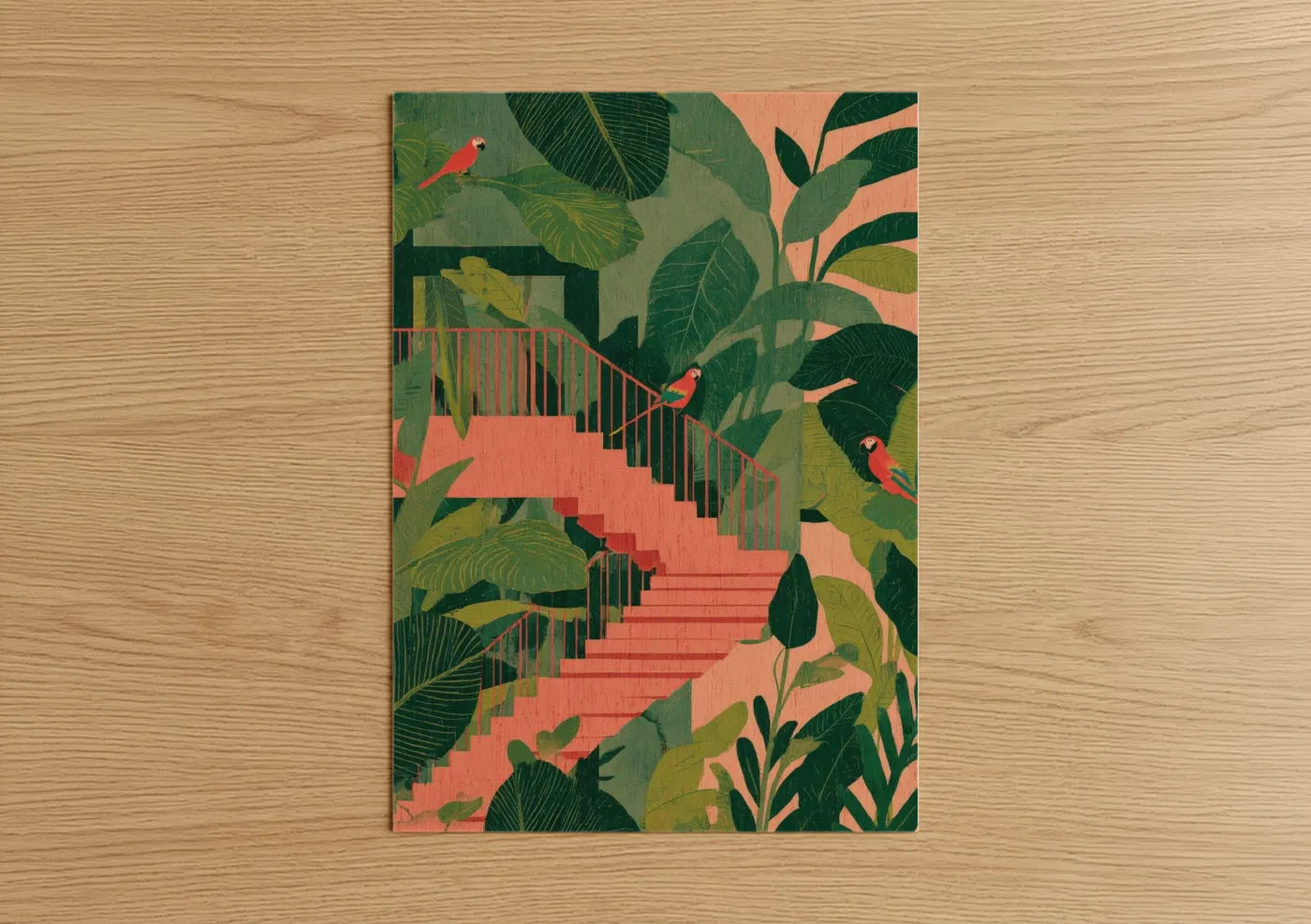Tropical Staircase with Parrots Illustration Wall Art