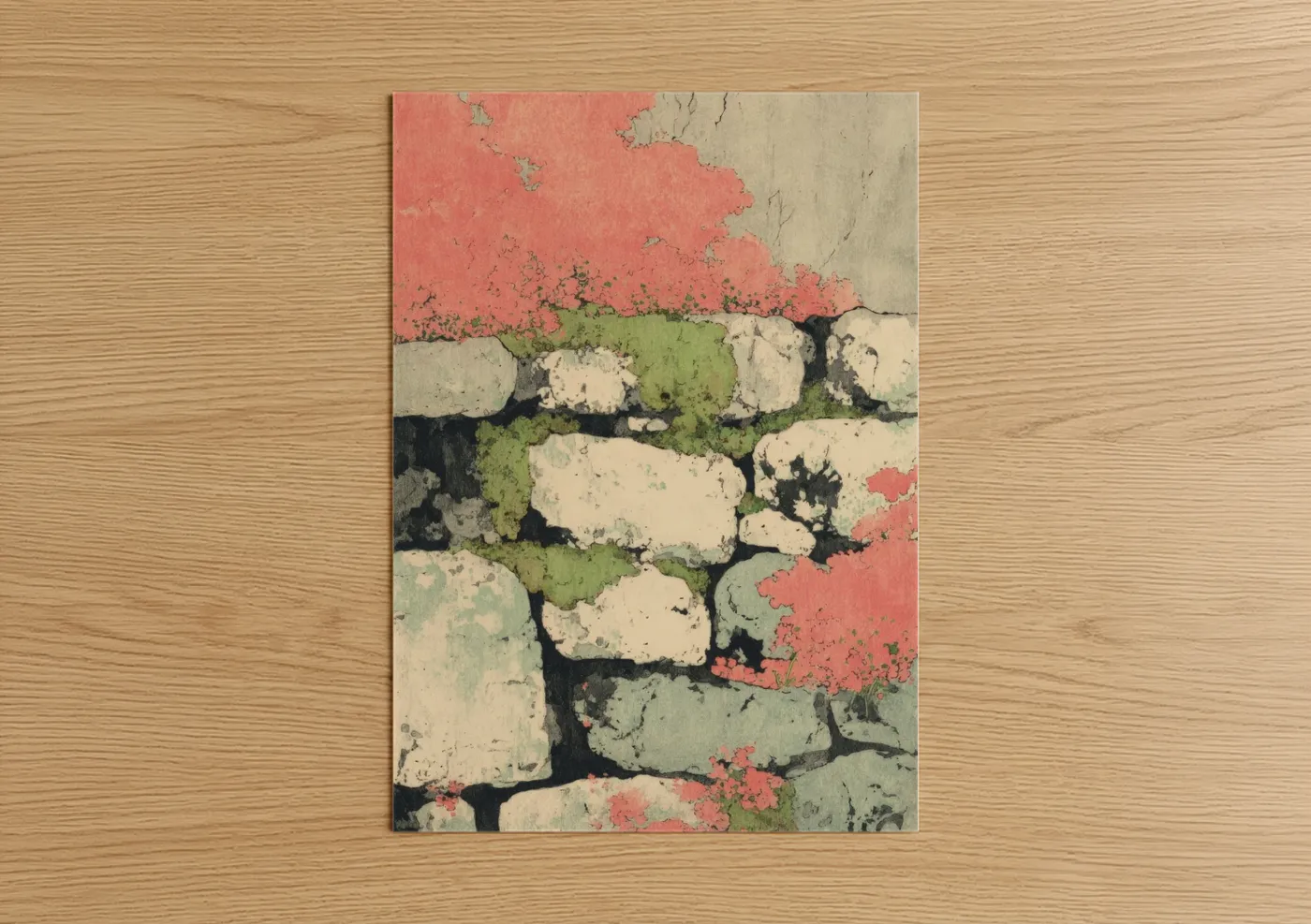 Masonry art print on warm oak wood — cream and sage green palette — Weathered Stone Wall poster