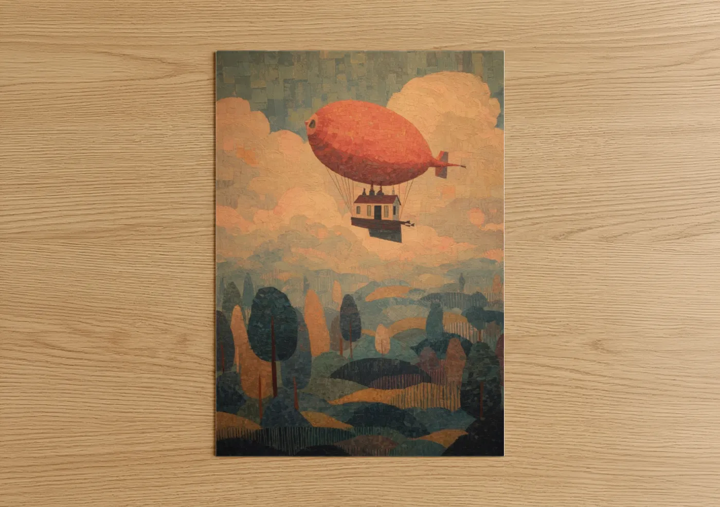 Art print on warm oak wood — gold and teal palette — Crimson Airship Adventure poster