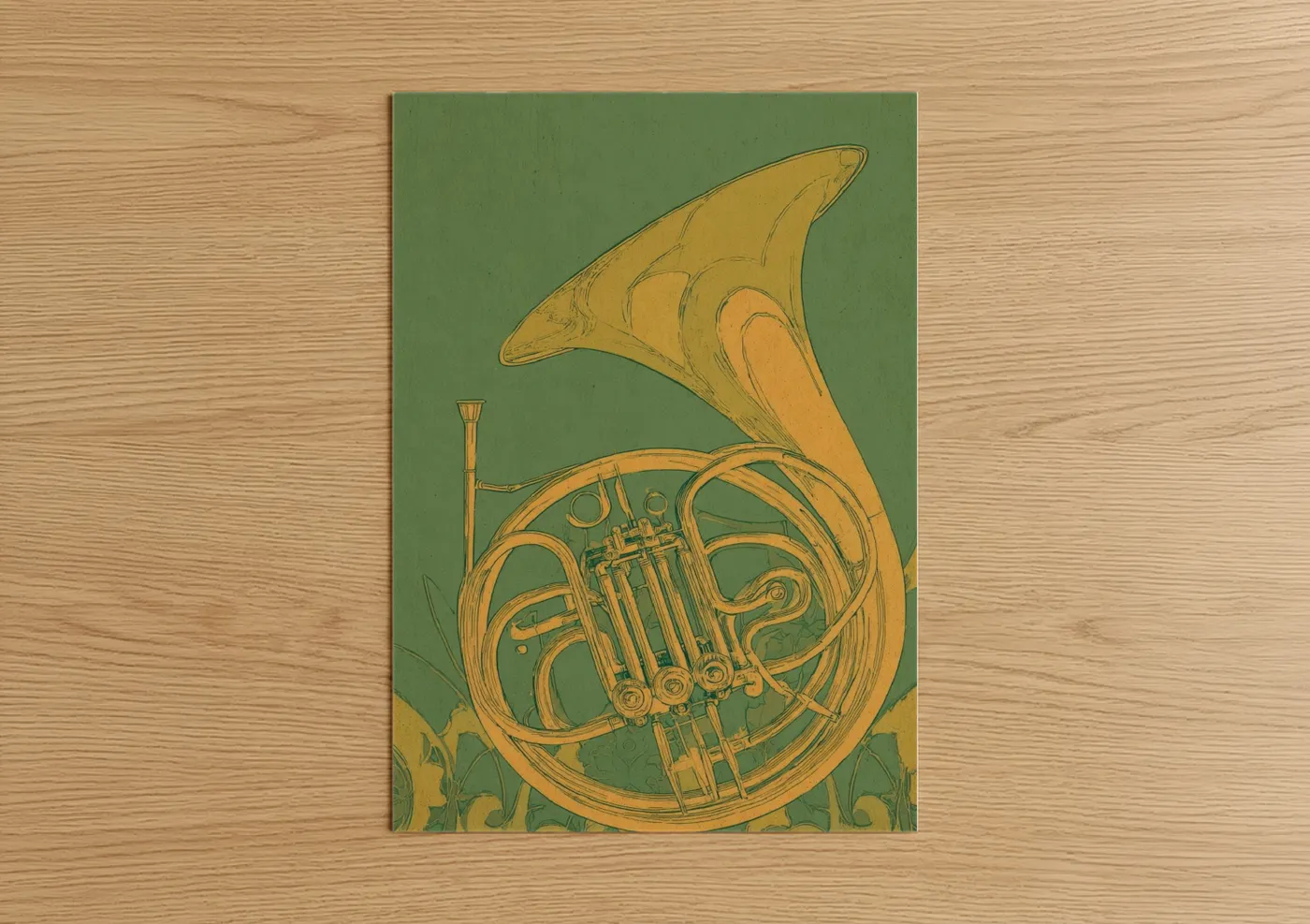 Art print on warm oak wood — gold and sage green palette — Golden French Horn poster