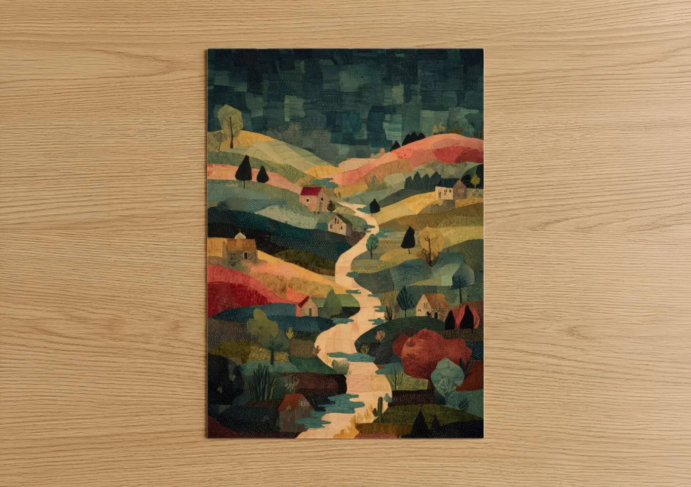 Road and highways art print on warm oak wood — olive and gold palette — Winding Valley Road poster