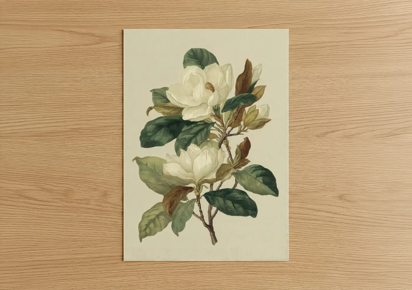 Art print on warm oak wood — cream and dark green palette — Cream Magnolia Branch poster