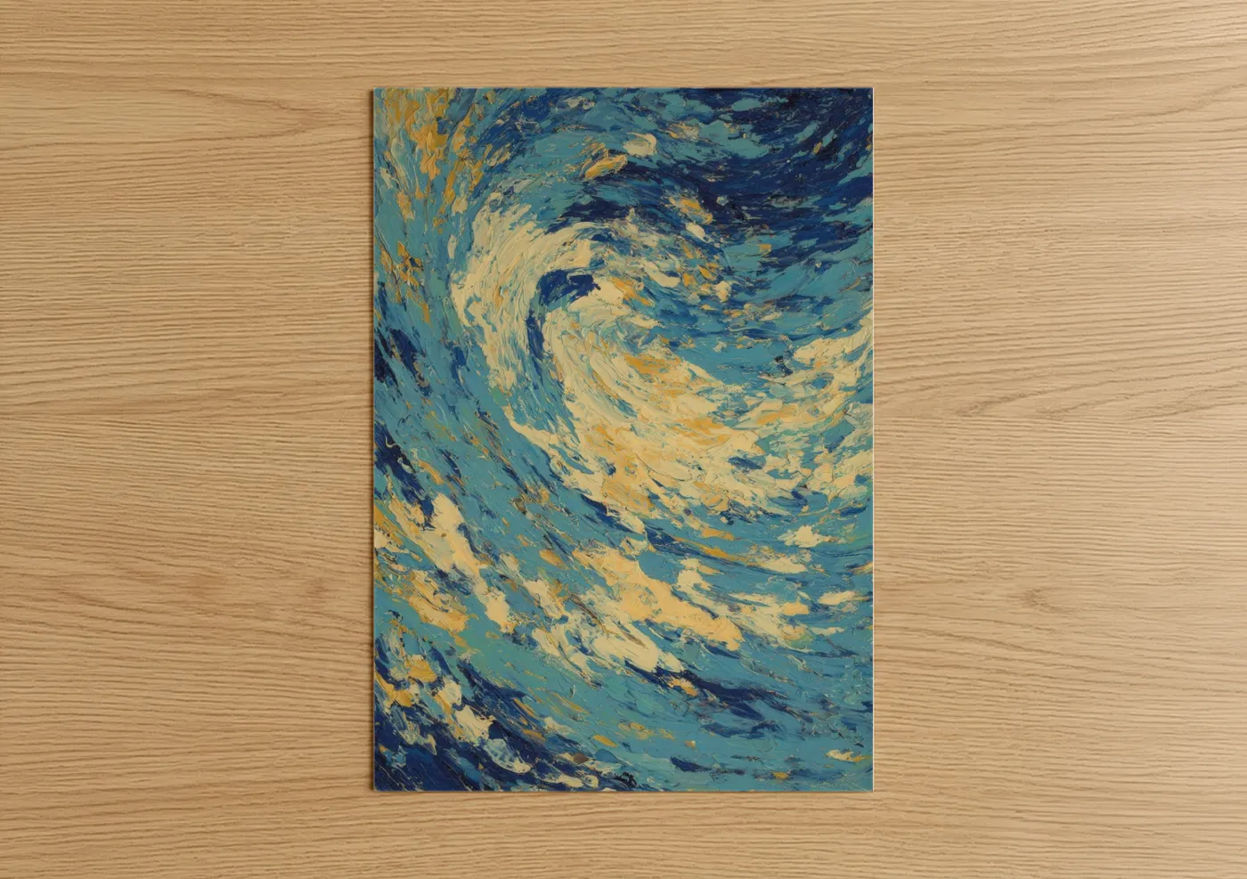 Art print on warm oak wood — gold and blue palette — Golden Snook poster