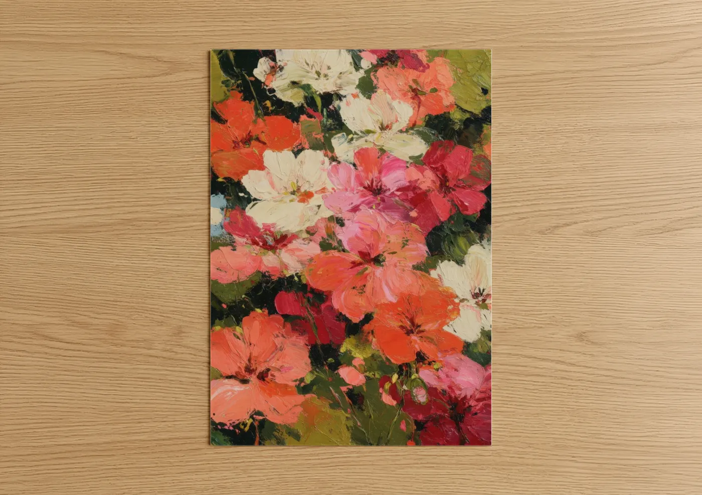 Art print on warm oak wood — red and cream palette — Vibrant Geranium Medley poster