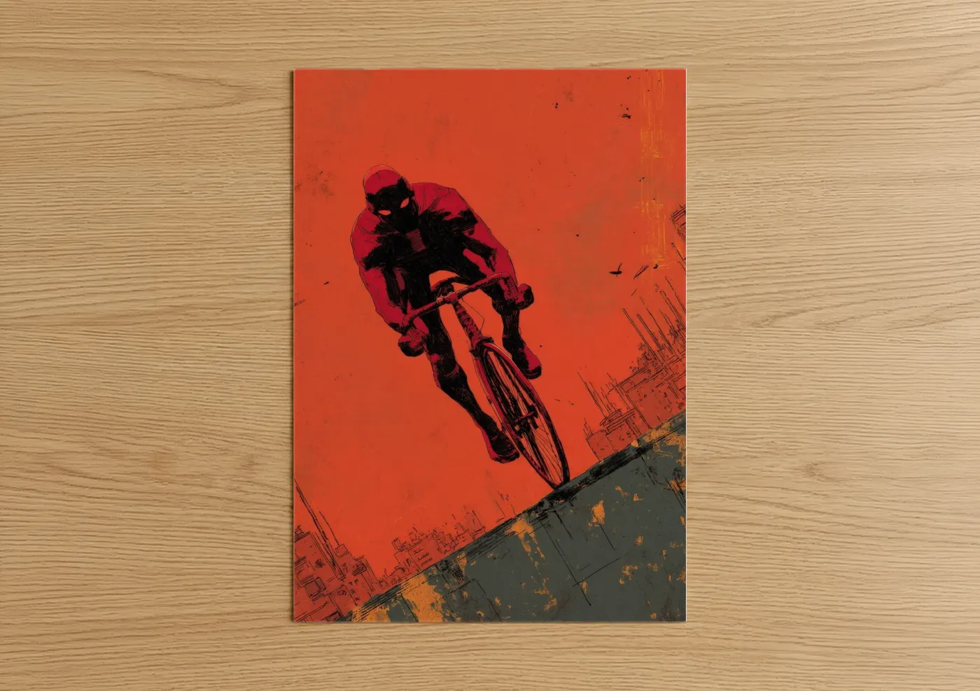Red Urban Cyclist Silhouette Modern Wall Art