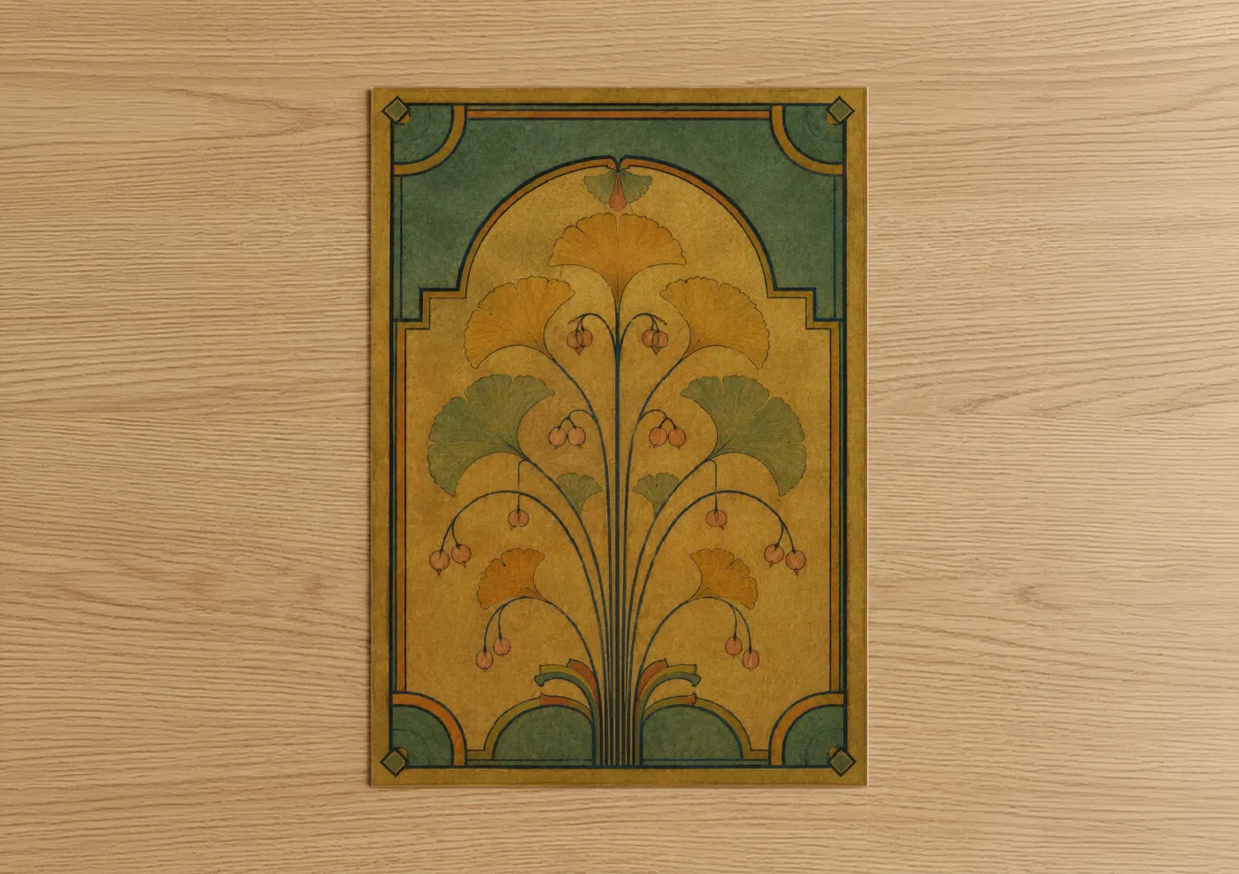 Art print on warm oak wood — gold and sage green palette — Art Deco Botanical Leaf Wall Art poster