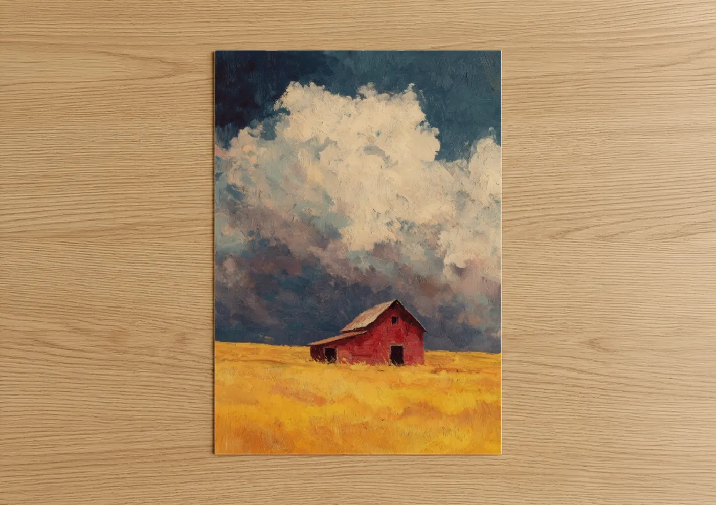 Red Barn Golden Field Clouds Wall Art