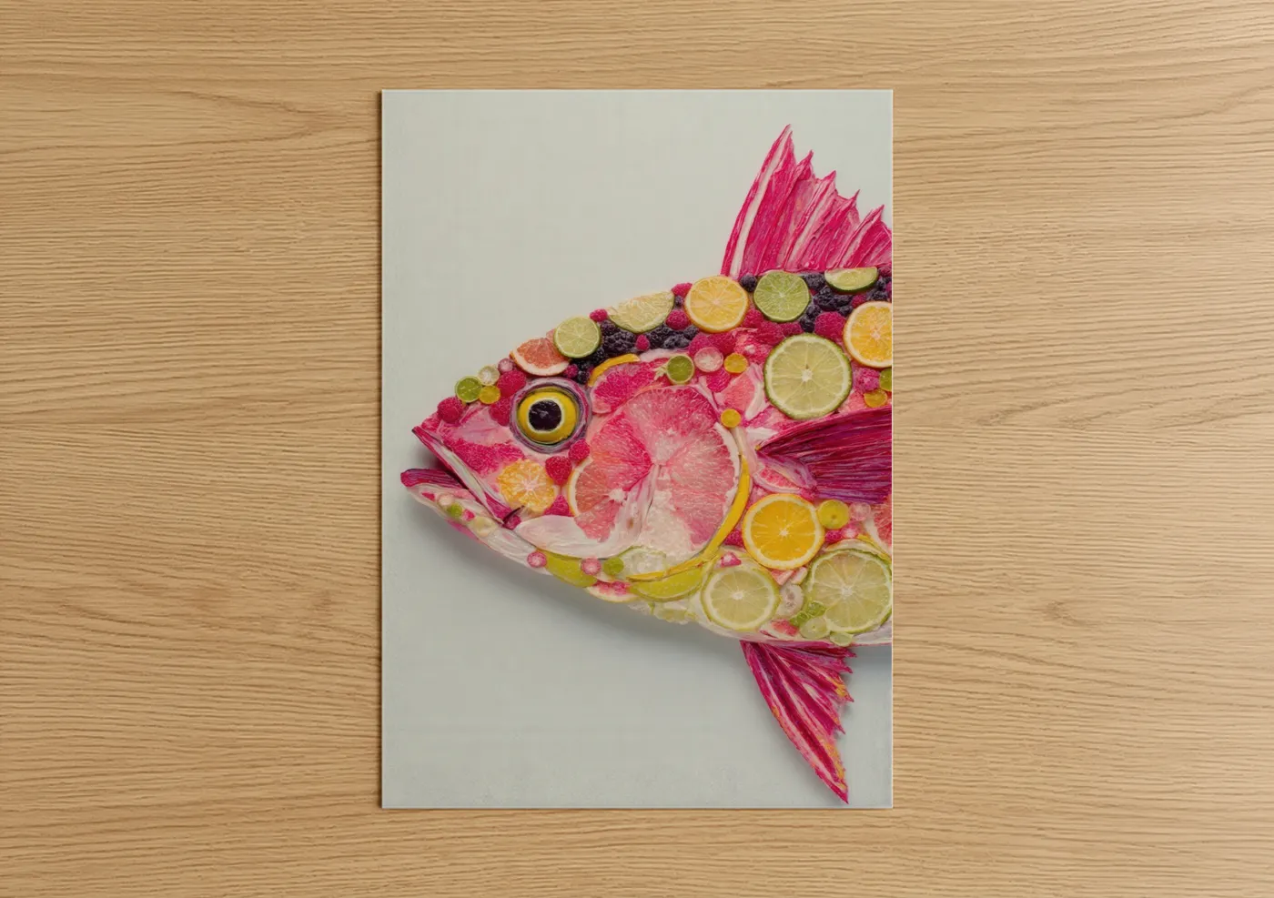 Art print on warm oak wood — magenta and yellow gold palette — Citrus Tuna poster