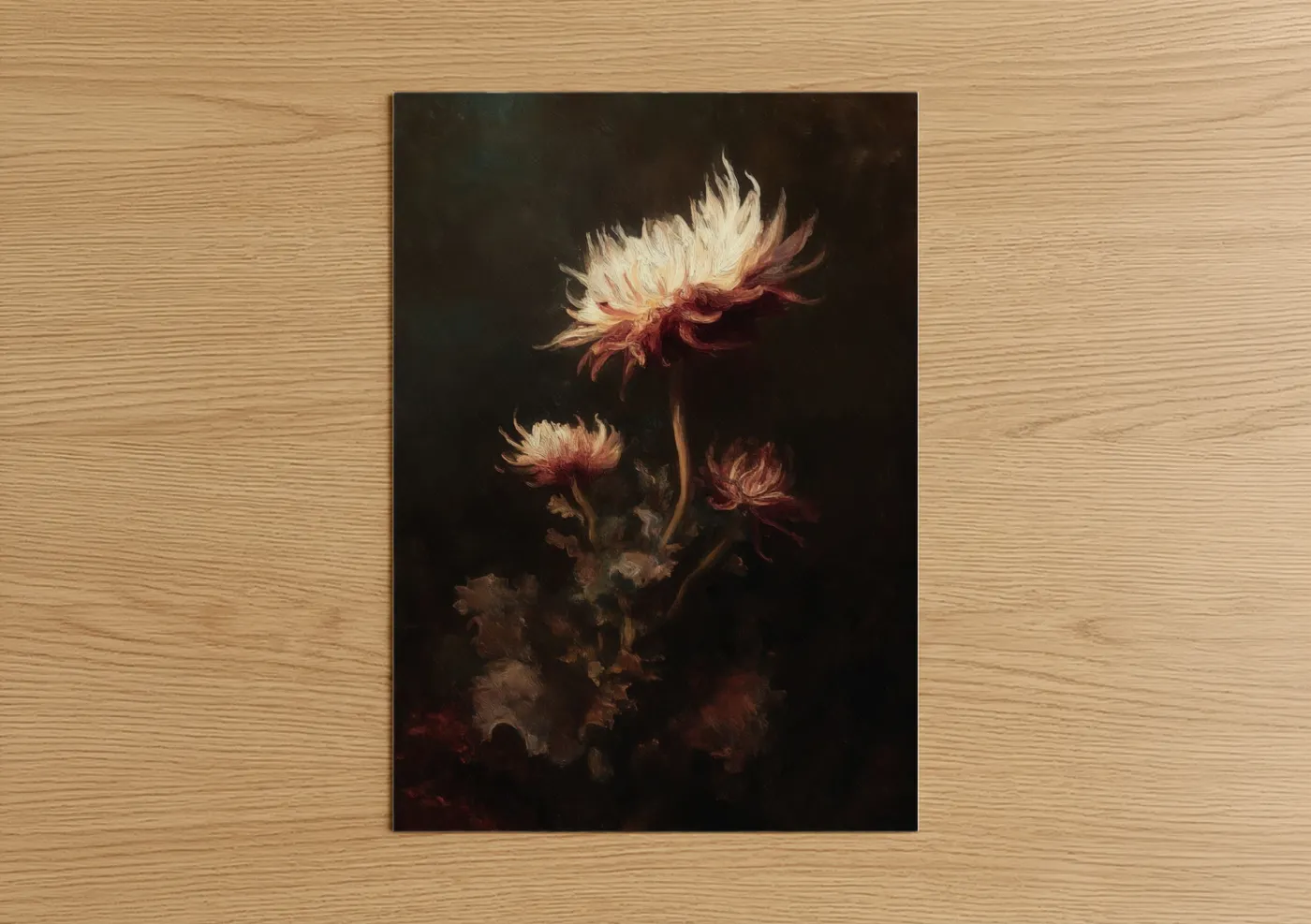 Sea anemone art print on warm oak wood — black and red palette — Crimson Anemone poster