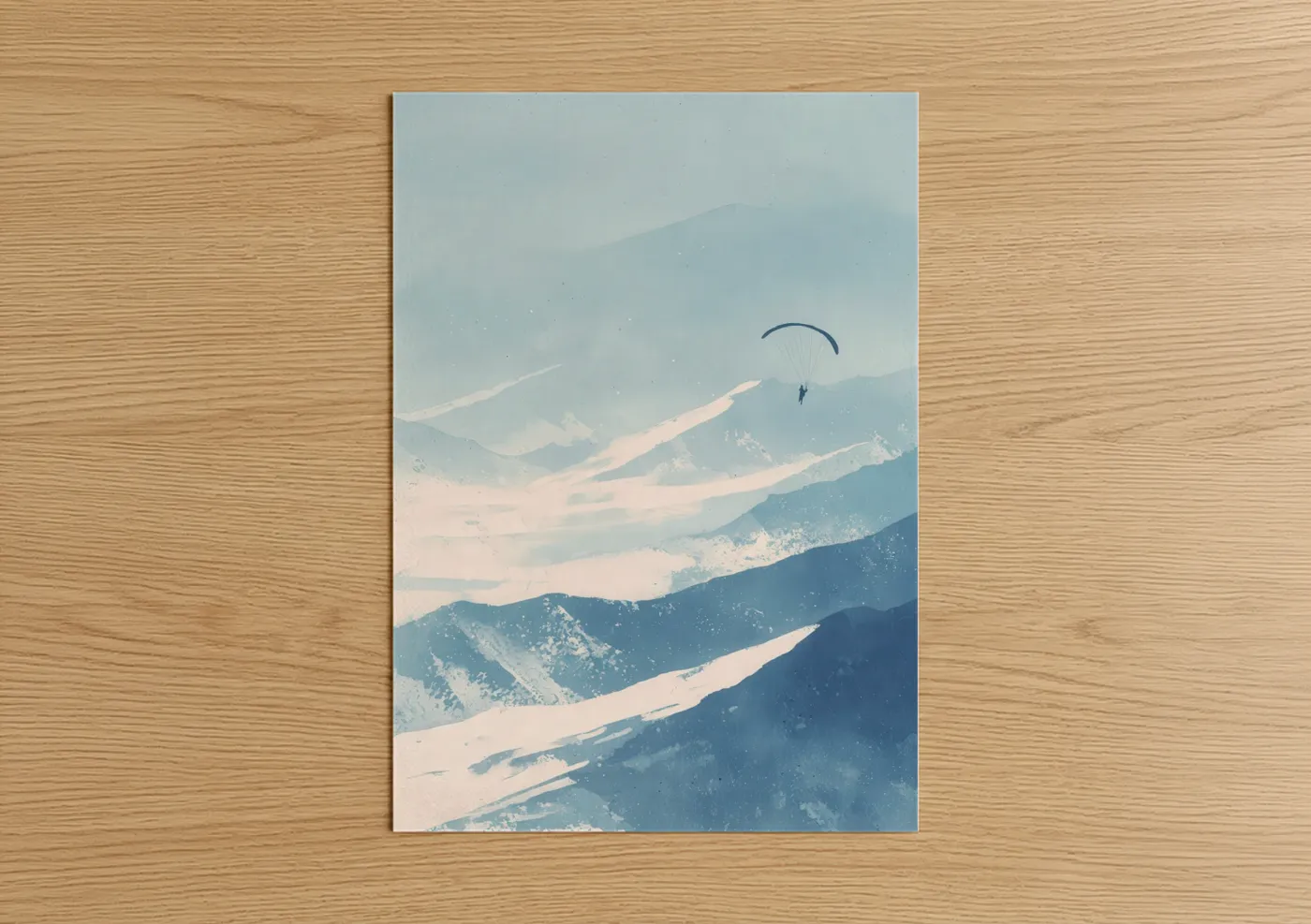 Art print on warm oak wood — blue and cream palette — Alpine Paragliding poster