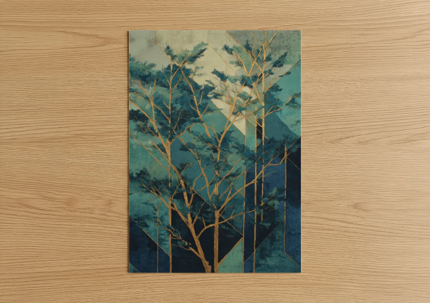 Cedar tree art print on warm oak wood — teal and gold palette — Golden Cedar Forest poster